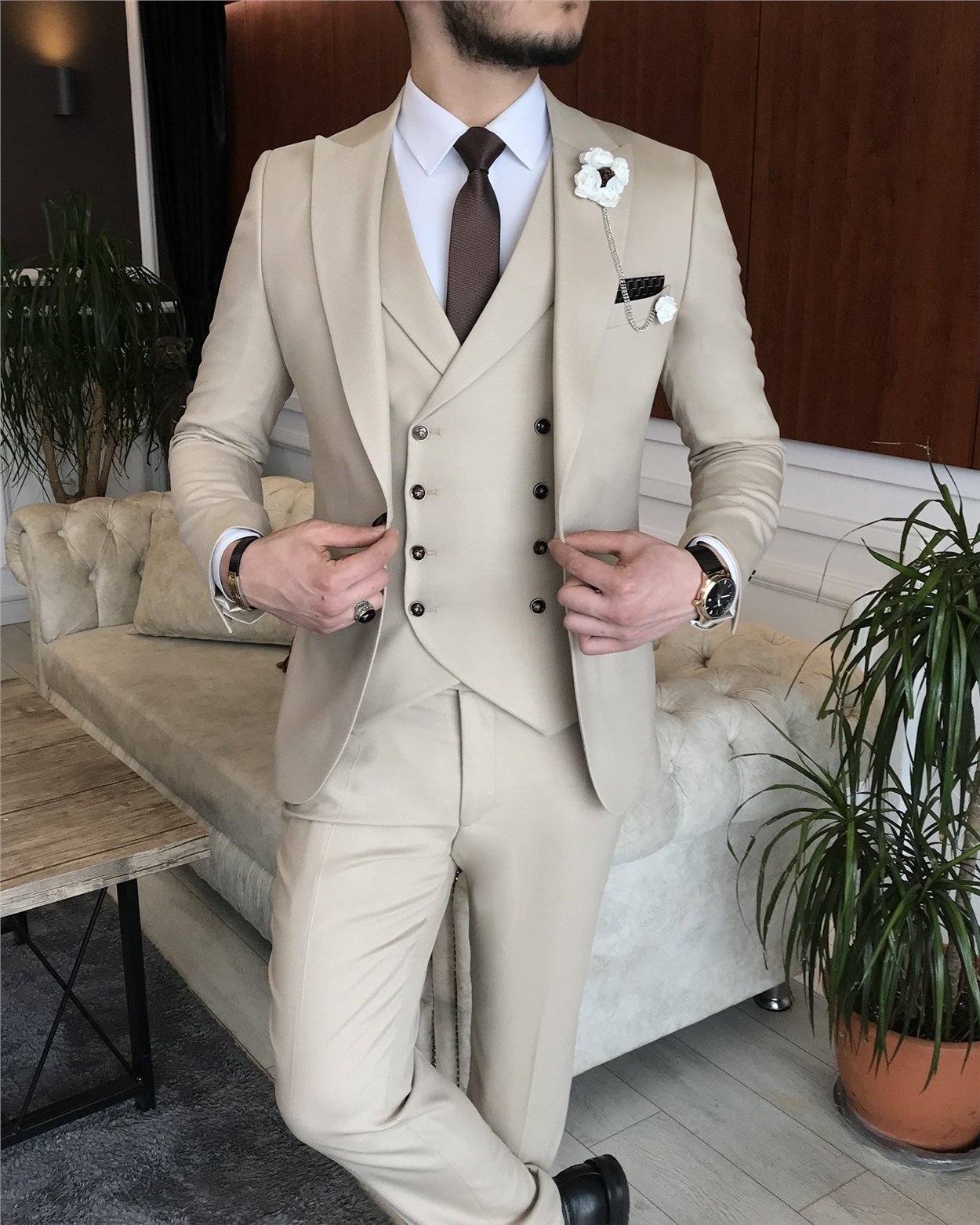 İtalyan stil erkek ceket yelek pantolon takım elbise Bej T7075