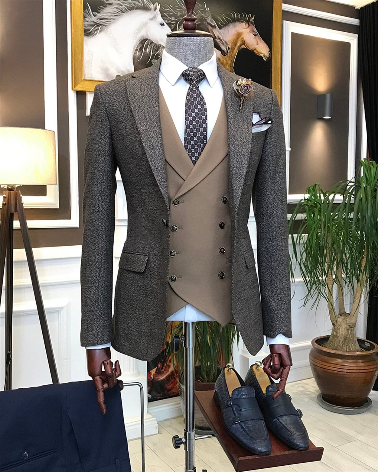 İtalyan stil erkek ceket yelek pantolon kombin camel T6338