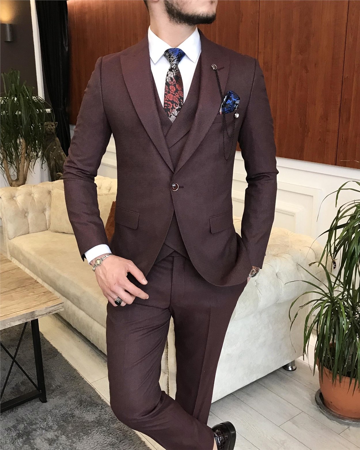 İtalyan stil erkek ceket yelek pantolon takım elbise bordo T7072