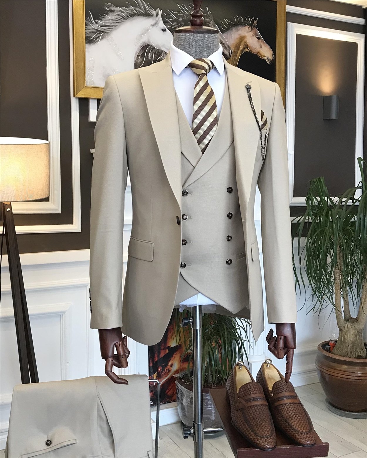 İtalyan stil erkek ceket yelek pantolon takım elbise Bej T7075