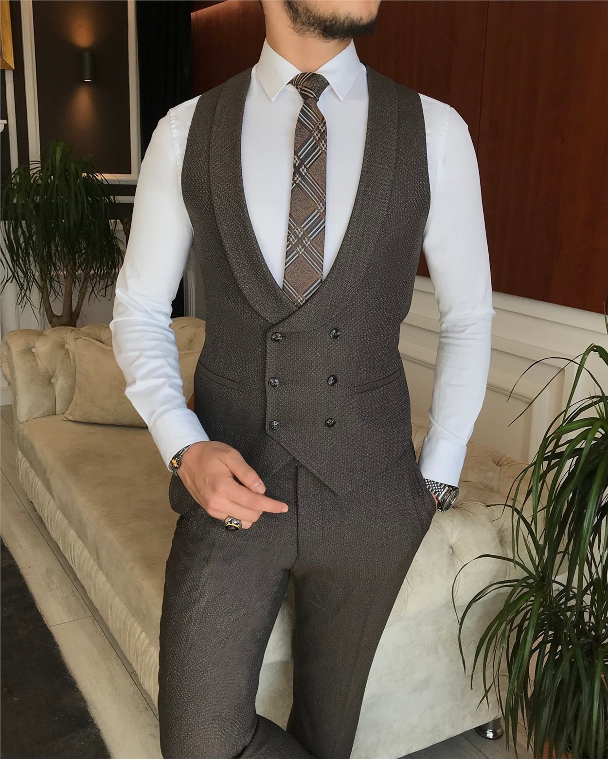 İtalyan stil erkek ceket yelek pantolon takım elbise kahverengi T6314