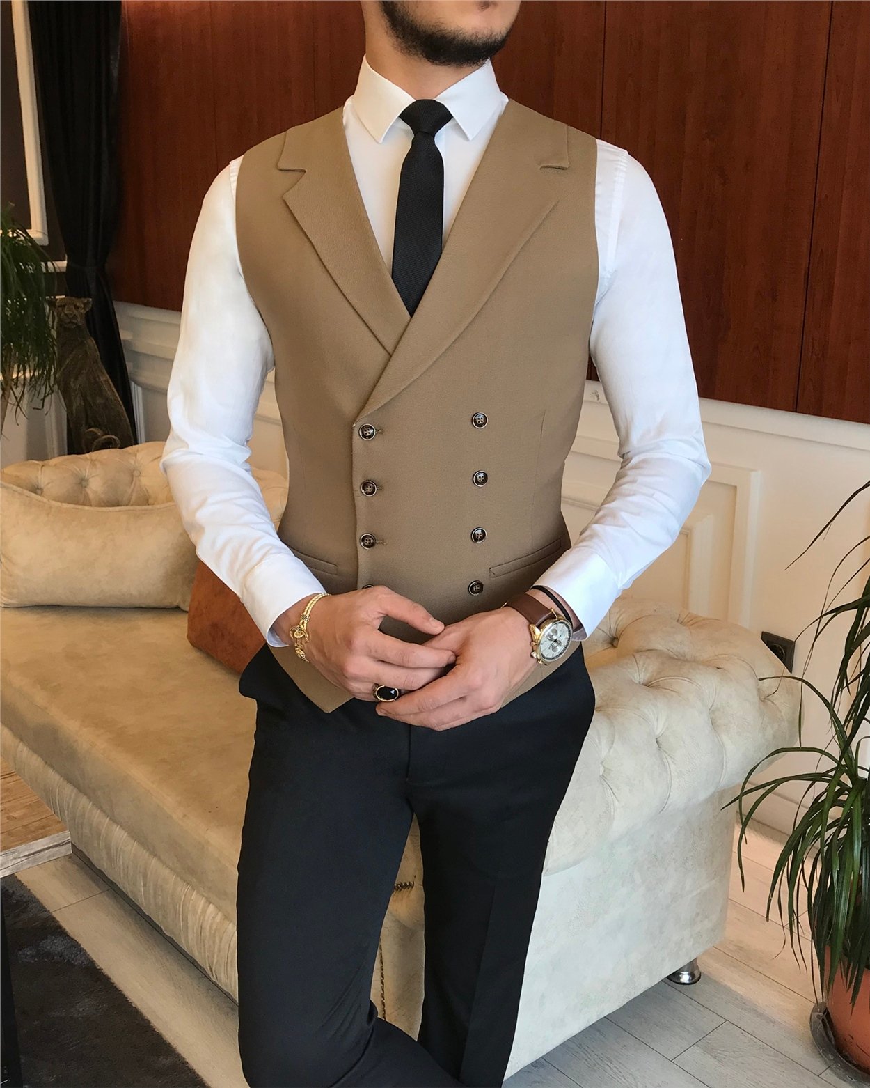 İtalyan stil erkek ceket yelek pantolon kombin camel T6339