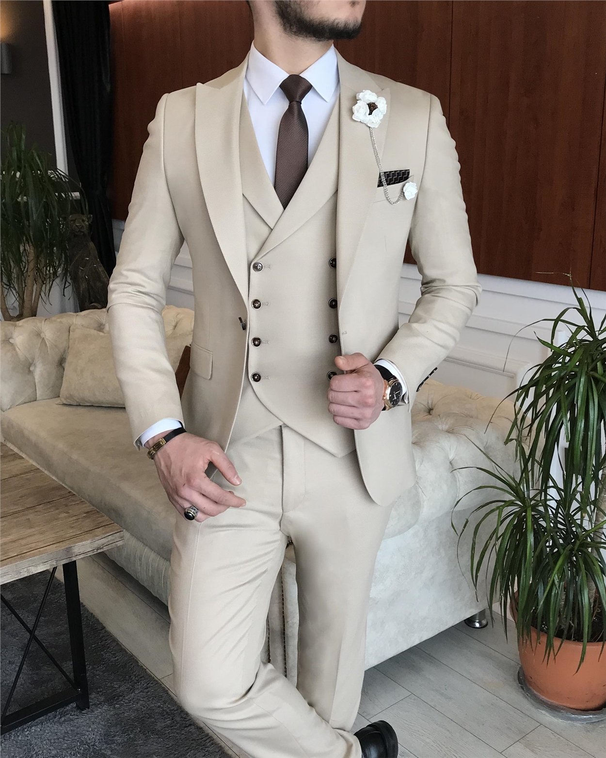 İtalyan stil erkek ceket yelek pantolon takım elbise Bej T7075