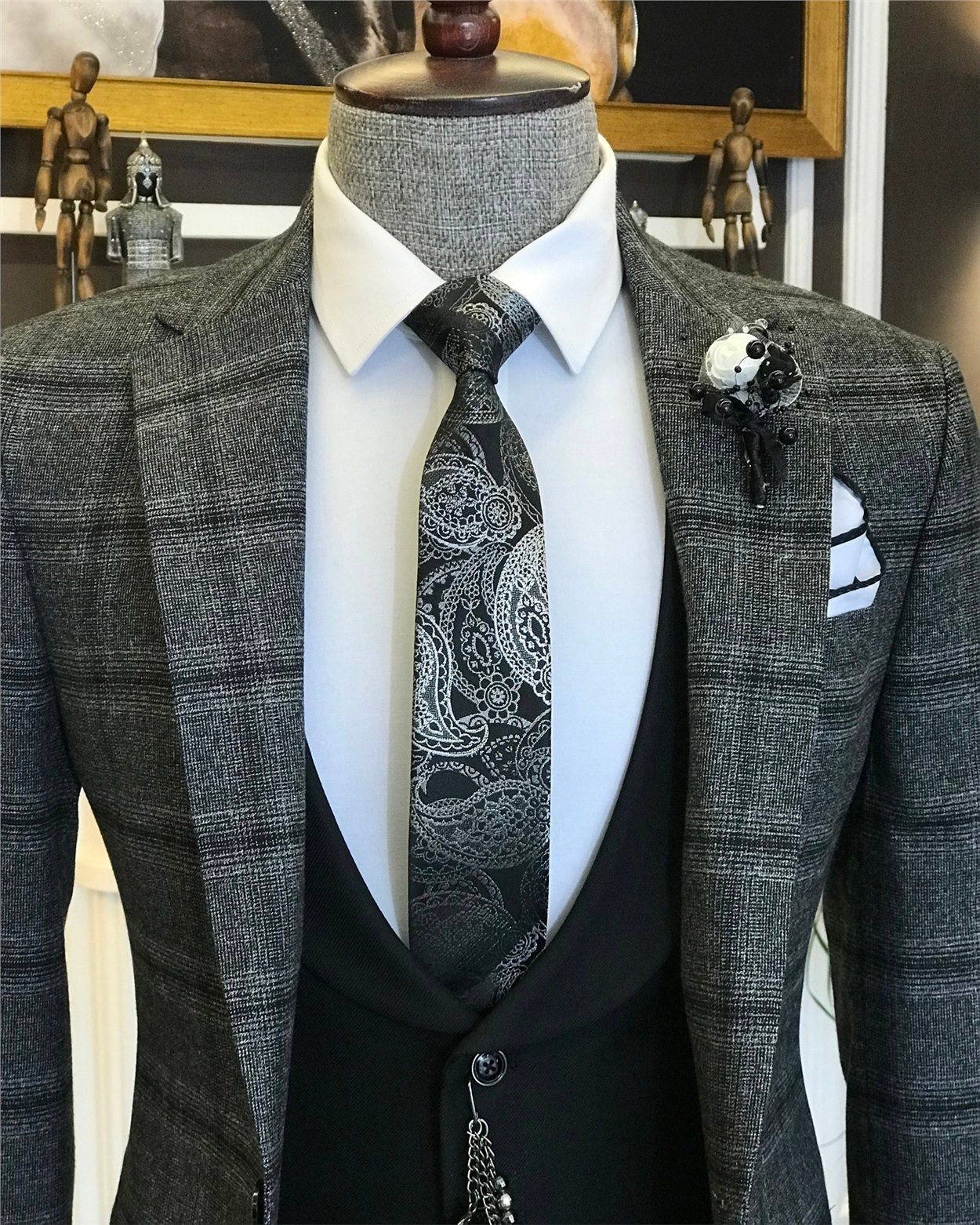 İtalyan stil erkek ceket yelek pantolon kombin antrasit T6637
