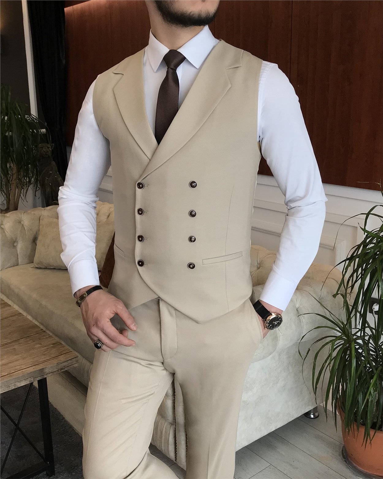 İtalyan stil erkek ceket yelek pantolon takım elbise Bej T7075