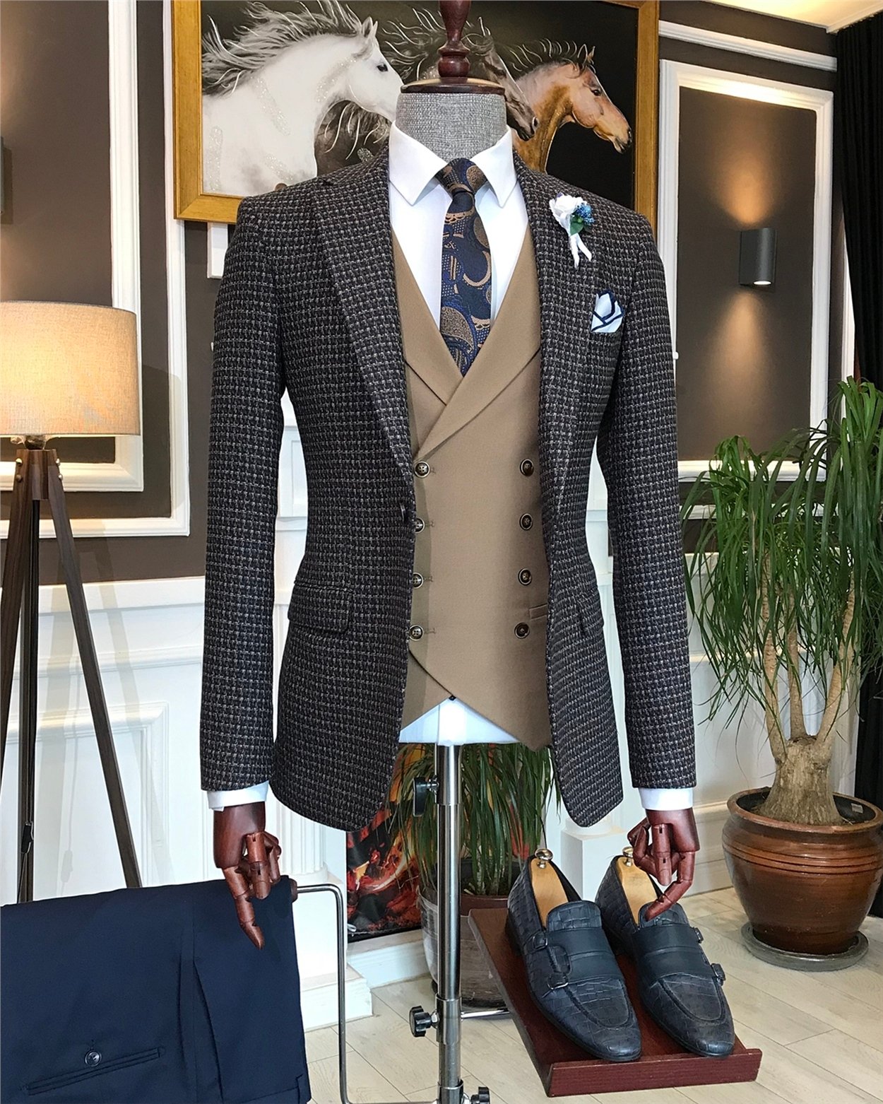 İtalyan stil erkek ceket yelek pantolon takım elbise camel T6330