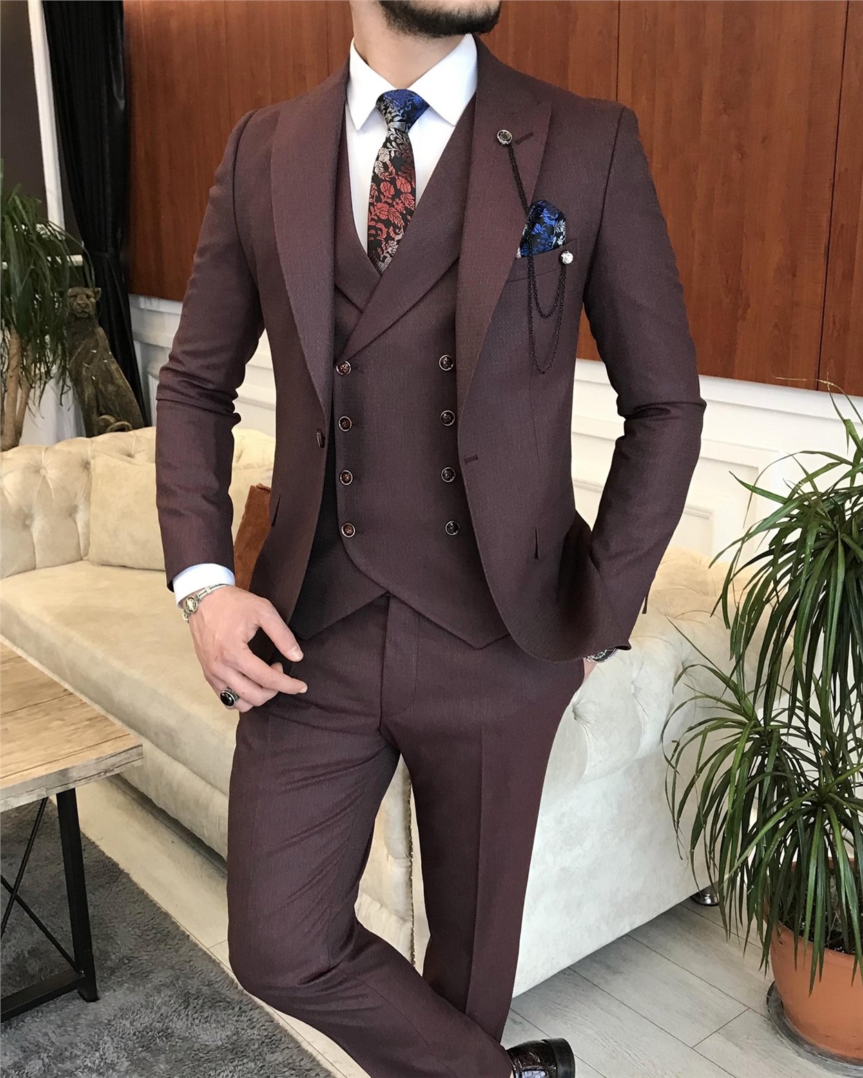 İtalyan stil erkek ceket yelek pantolon takım elbise bordo T7072