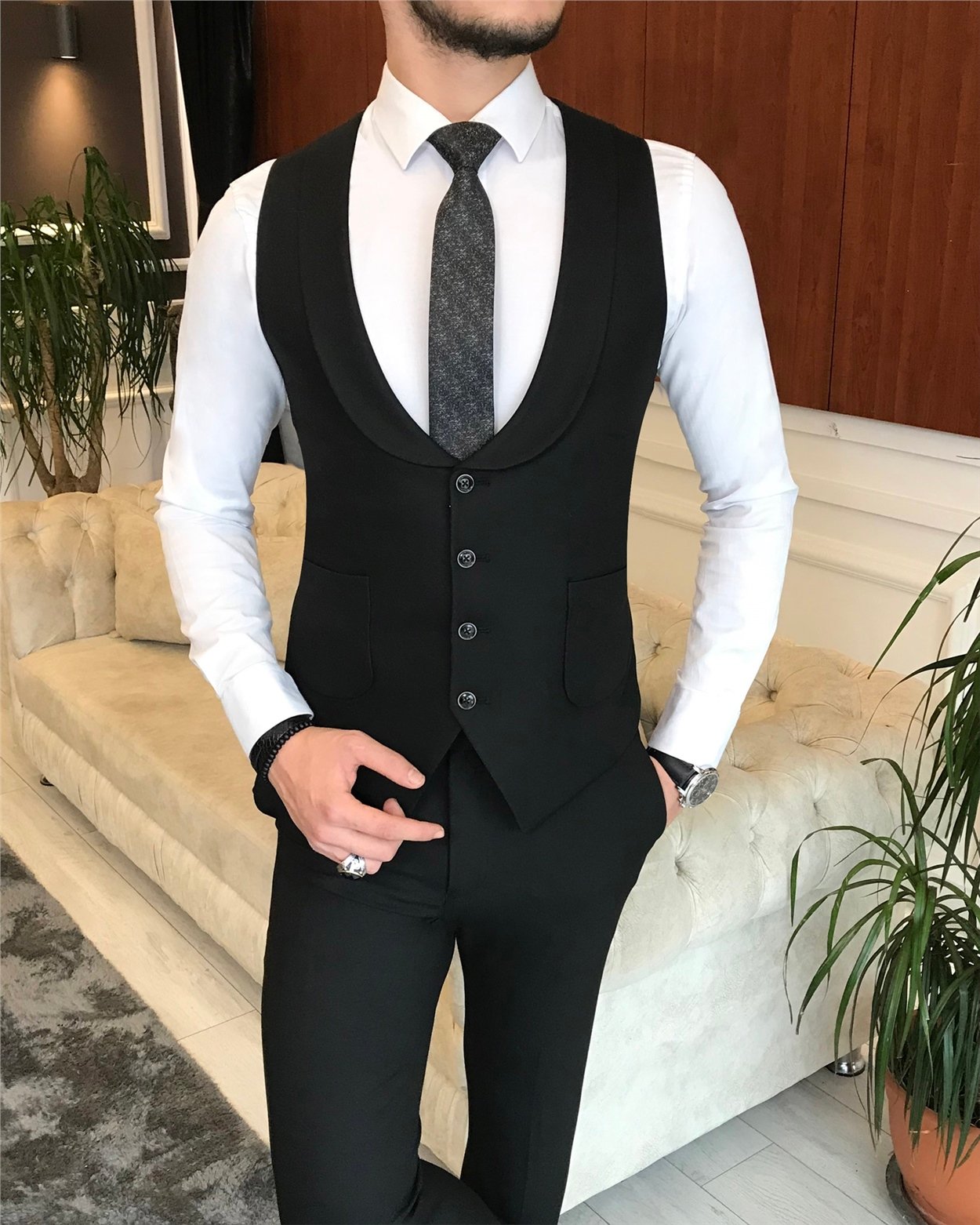 İtalyan stil erkek ceket yelek pantolon kombin antrasit T6637