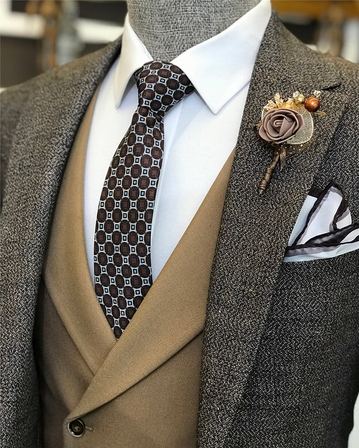 İtalyan stil erkek ceket yelek pantolon kombin camel T6338