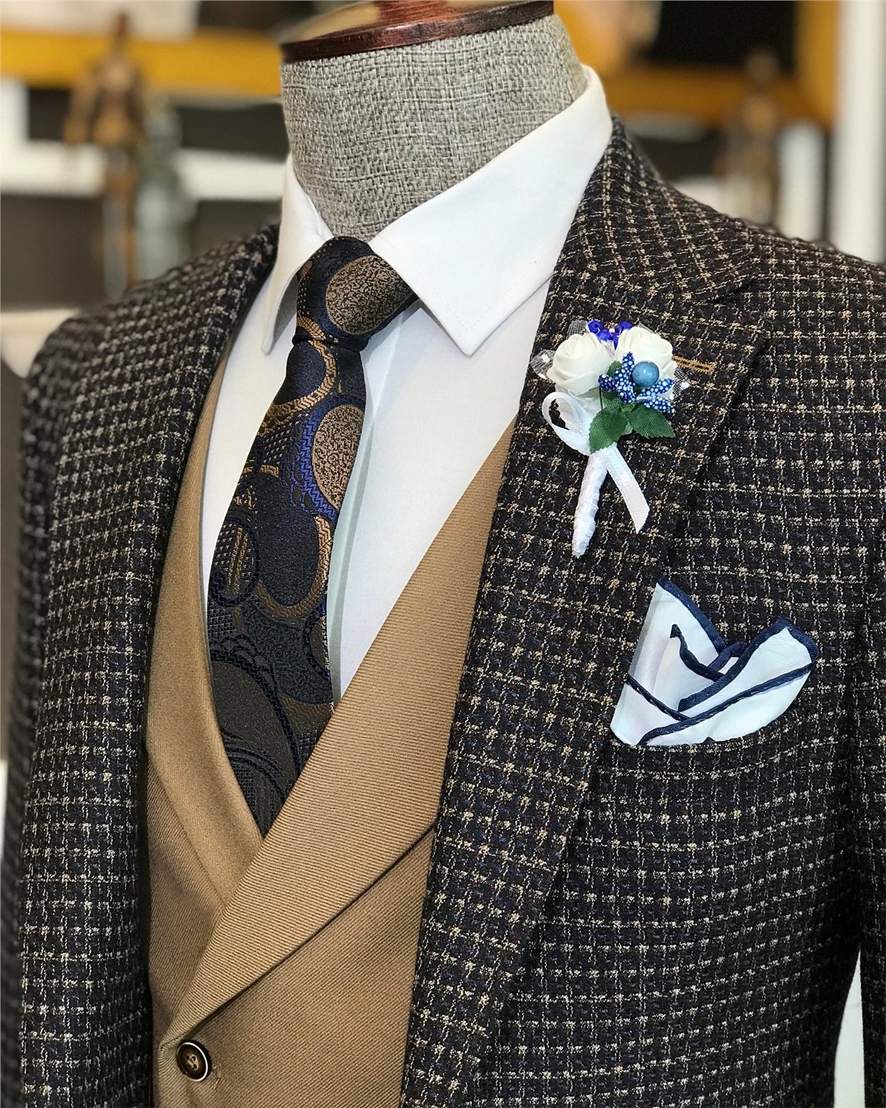 İtalyan stil erkek ceket yelek pantolon takım elbise camel T6330