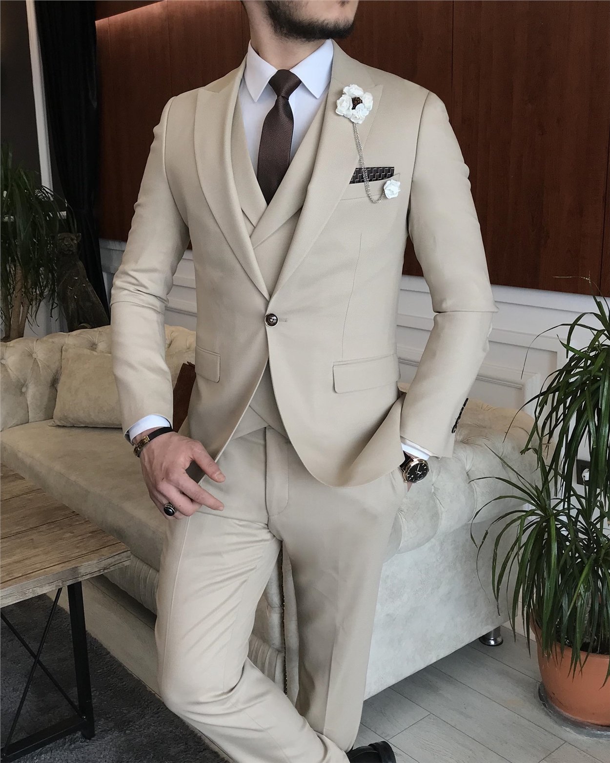 İtalyan stil erkek ceket yelek pantolon takım elbise Bej T7075