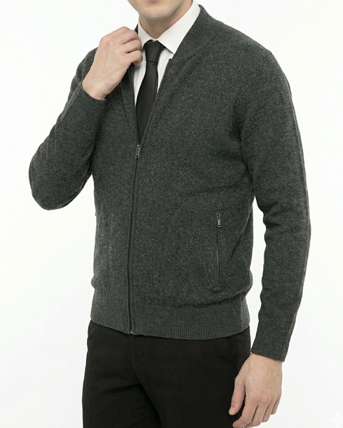 İtalyan stil erkek fermuarlı hırka antrasit T13147