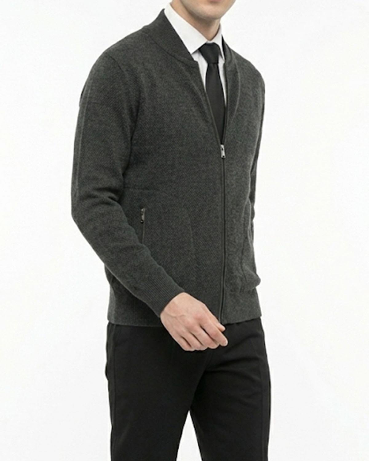 İtalyan stil erkek fermuarlı hırka antrasit T13147