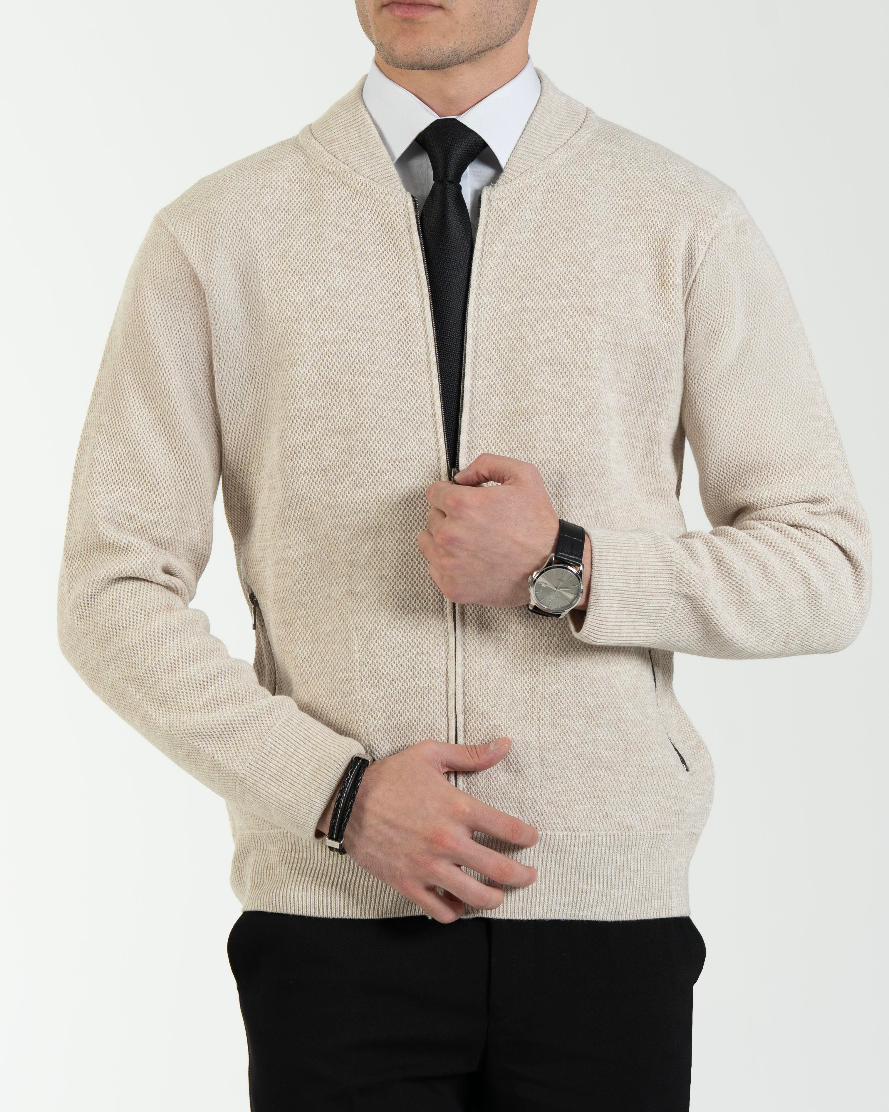 İtalyan stil erkek fermuarlı hırka bej T13143