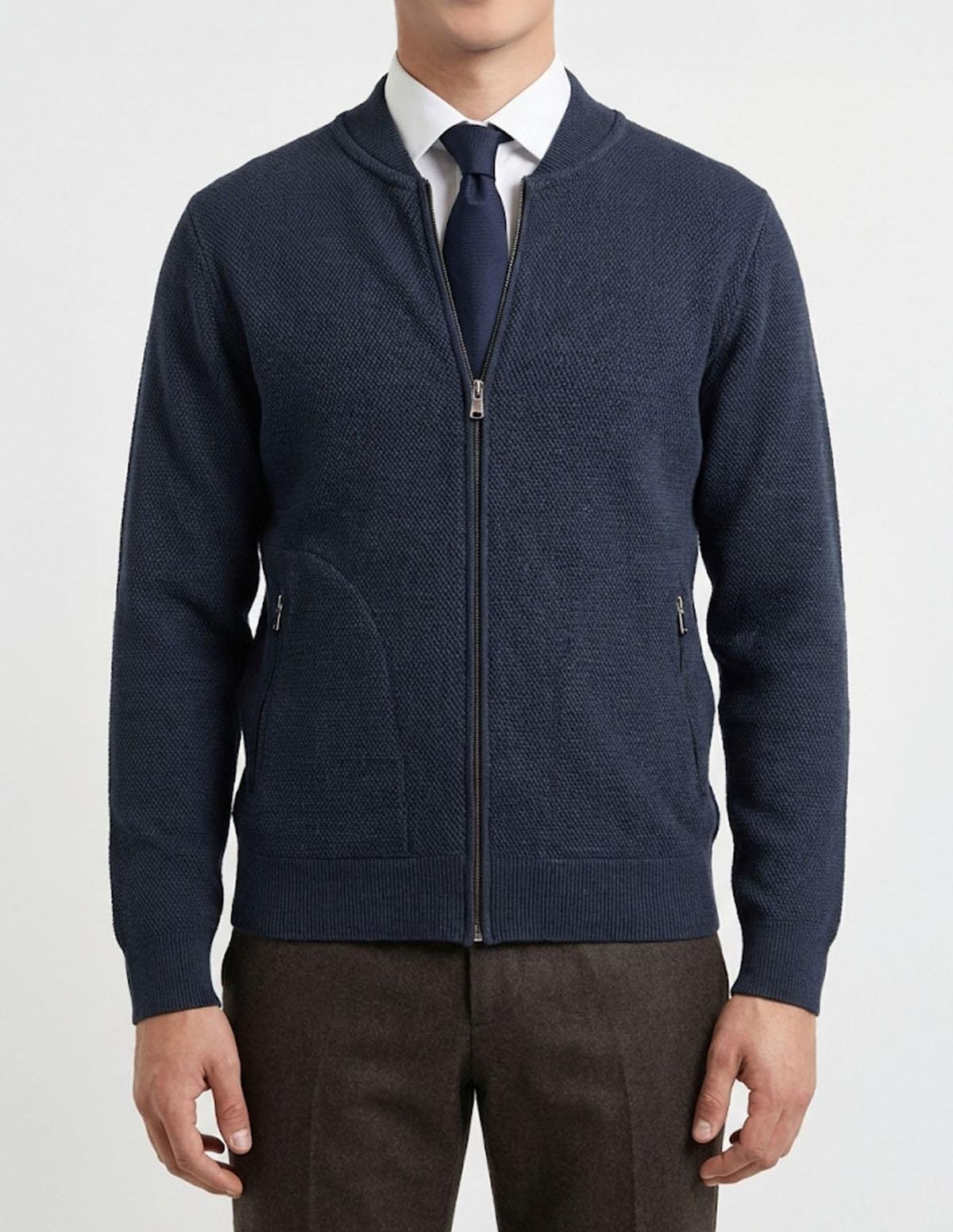 İtalyan stil erkek fermuarlı hırka lacivert T13142