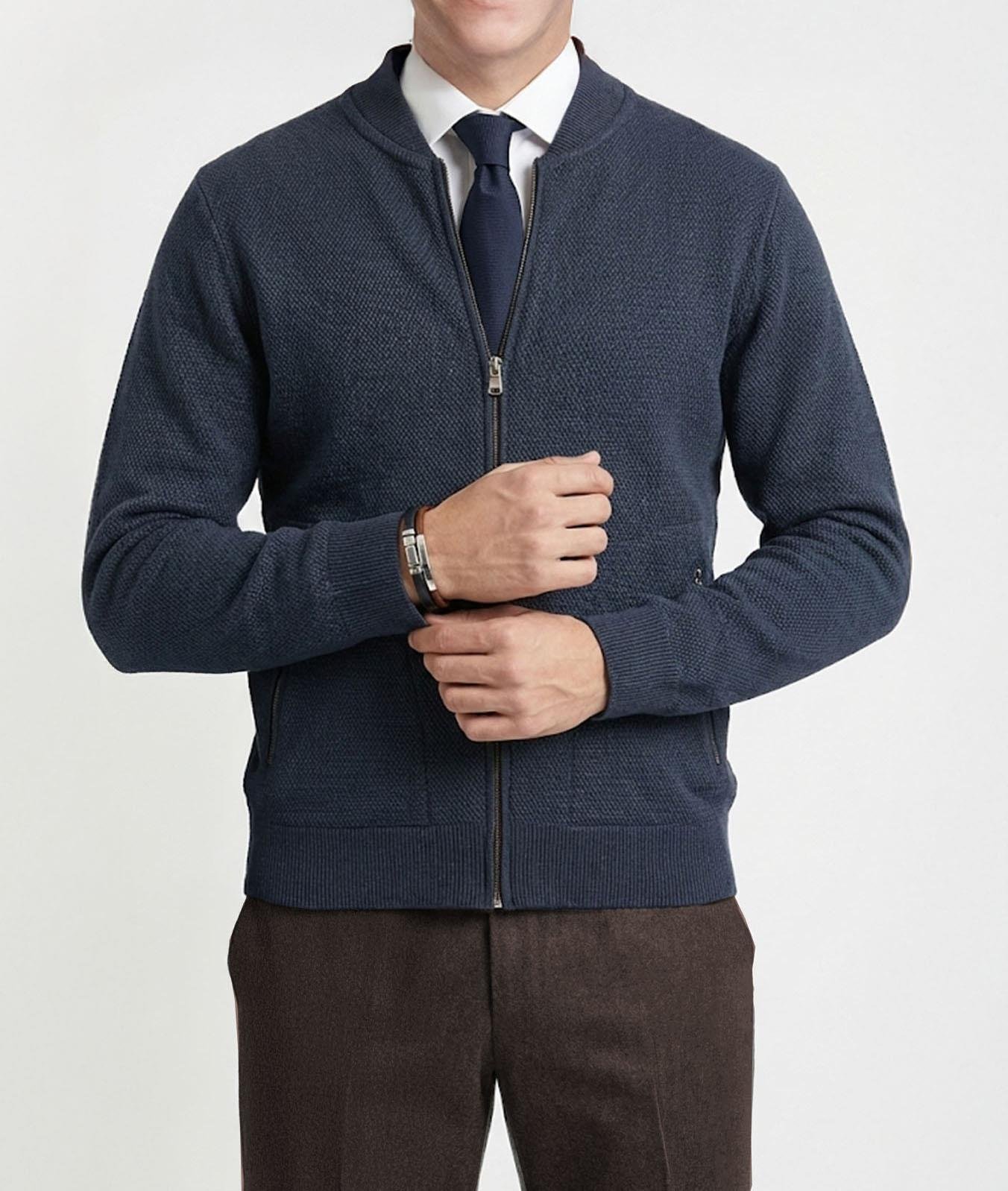 İtalyan stil erkek fermuarlı hırka lacivert T13142