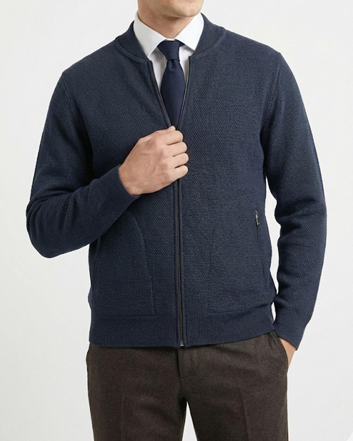 İtalyan stil erkek fermuarlı hırka lacivert T13142