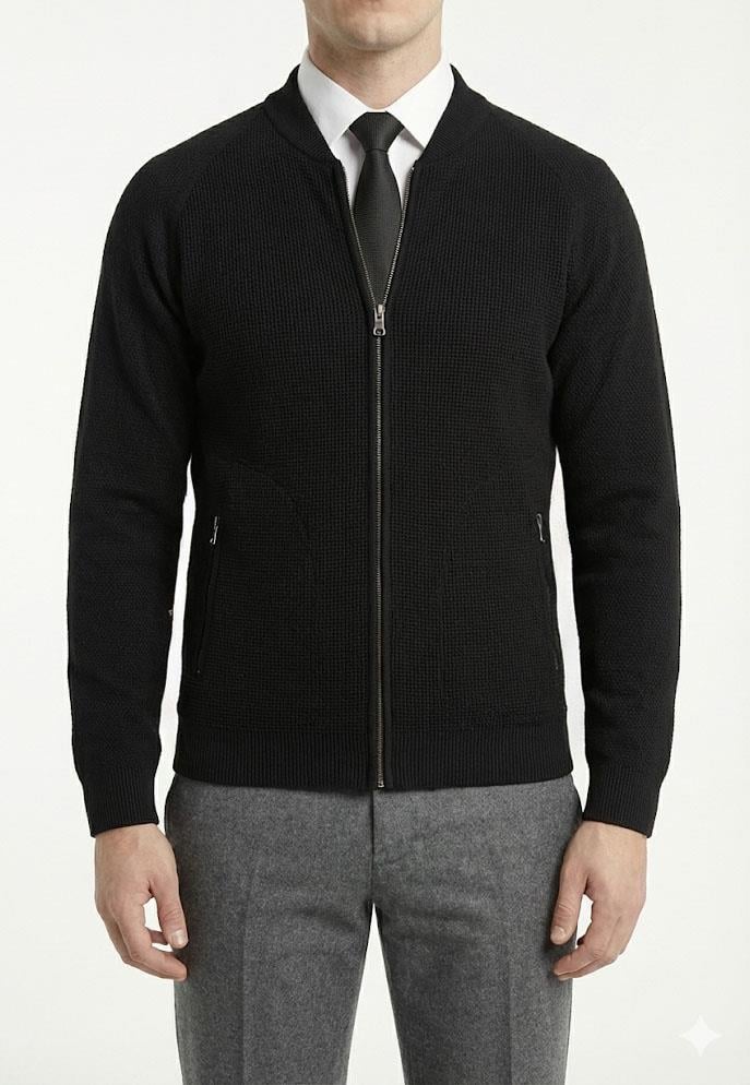 İtalyan stil erkek fermuarlı hırka siyah T13146