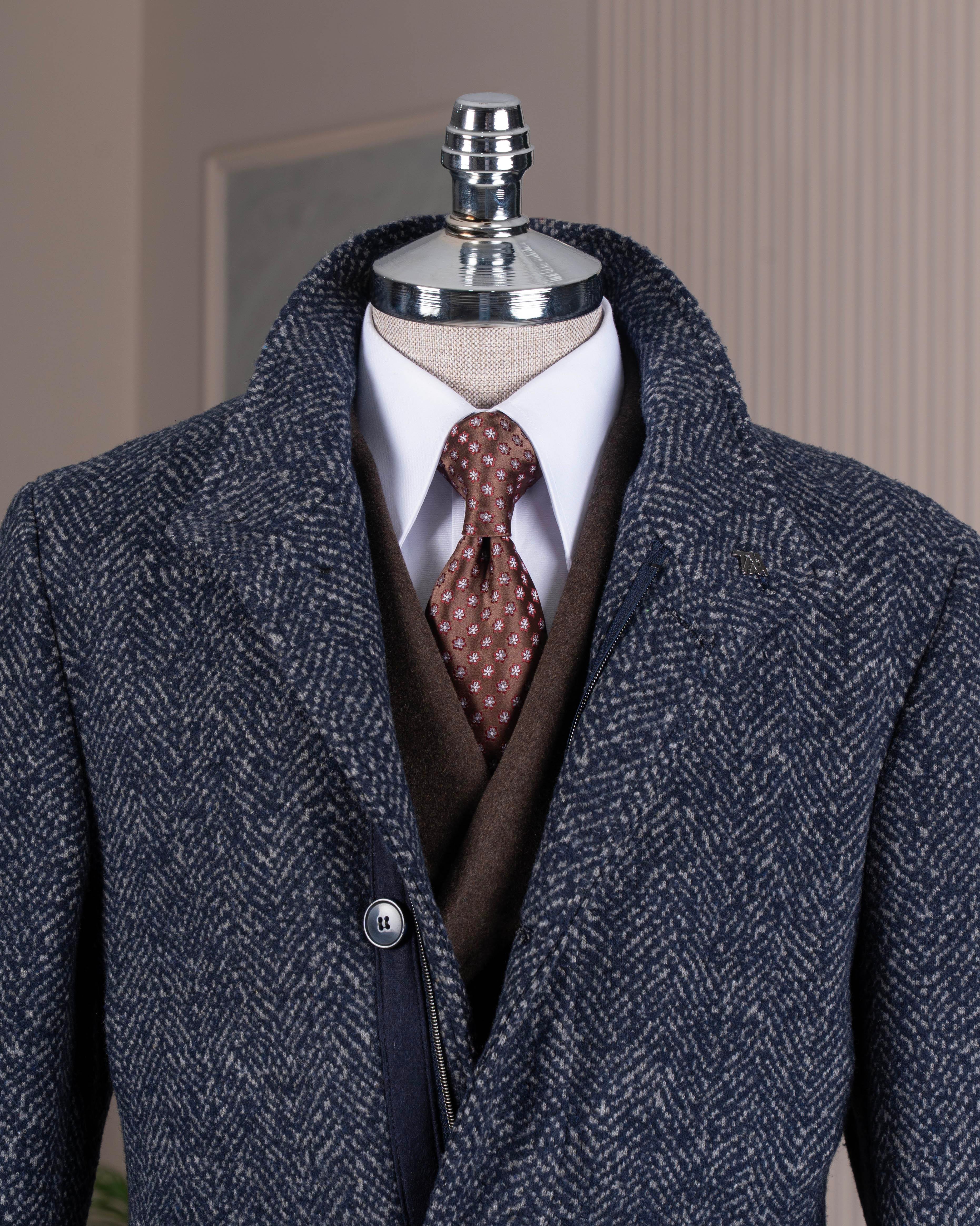 İtalyan stil erkek hakim yaka fermuarlı yün kaban lacivert T10145