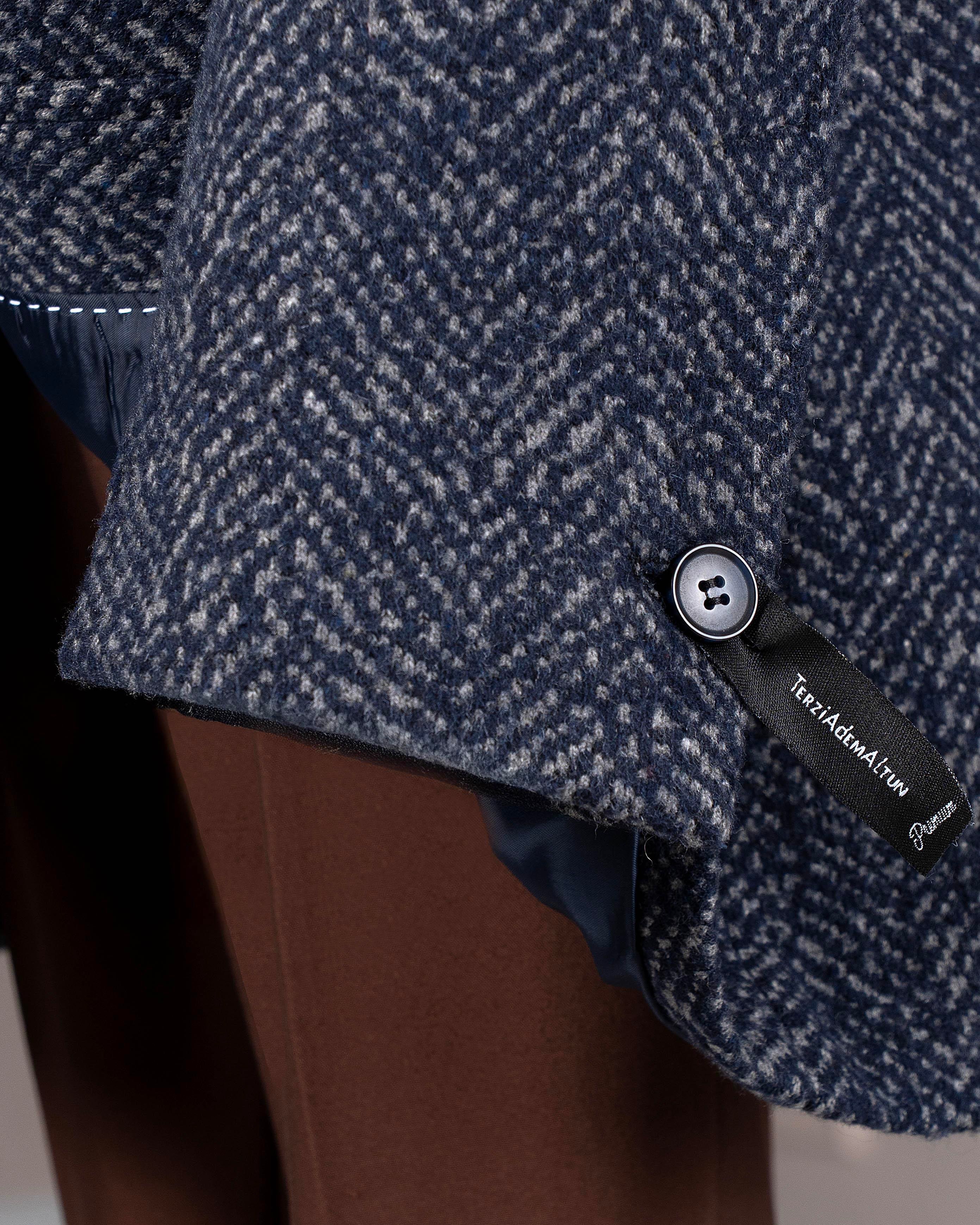 İtalyan stil erkek hakim yaka fermuarlı yün kaban lacivert T10145