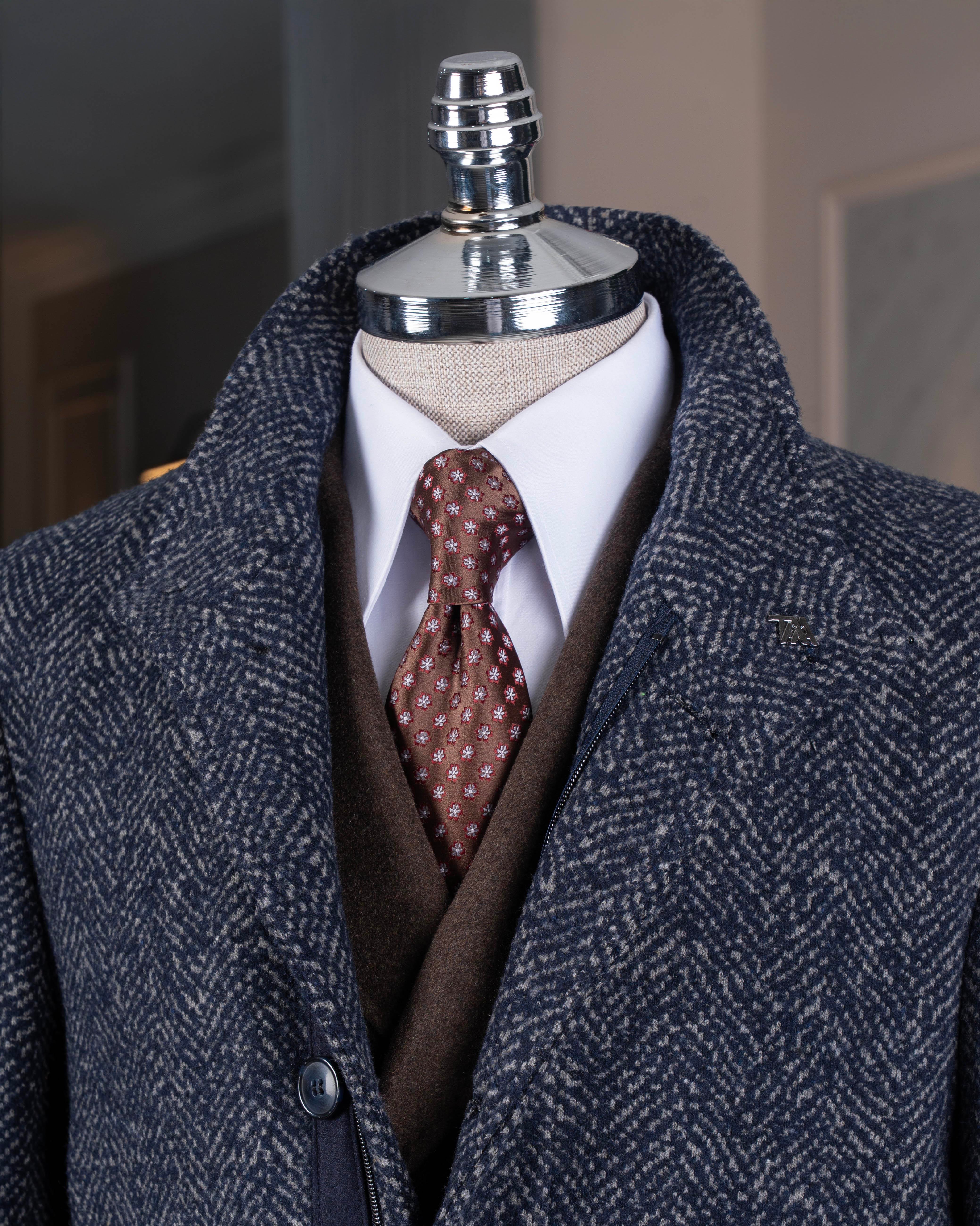 İtalyan stil erkek hakim yaka fermuarlı yün kaban lacivert T10145