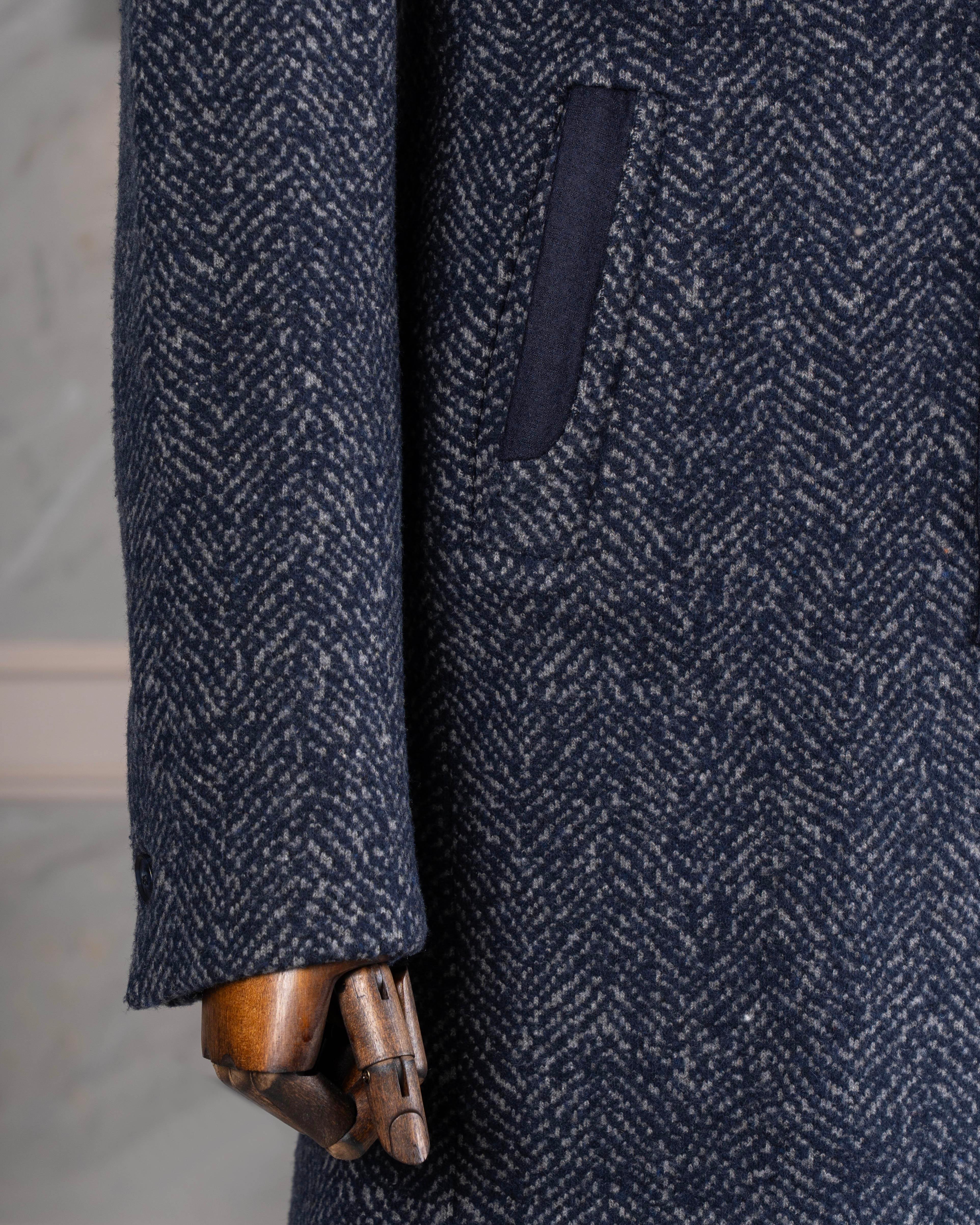 İtalyan stil erkek hakim yaka fermuarlı yün kaban lacivert T10145