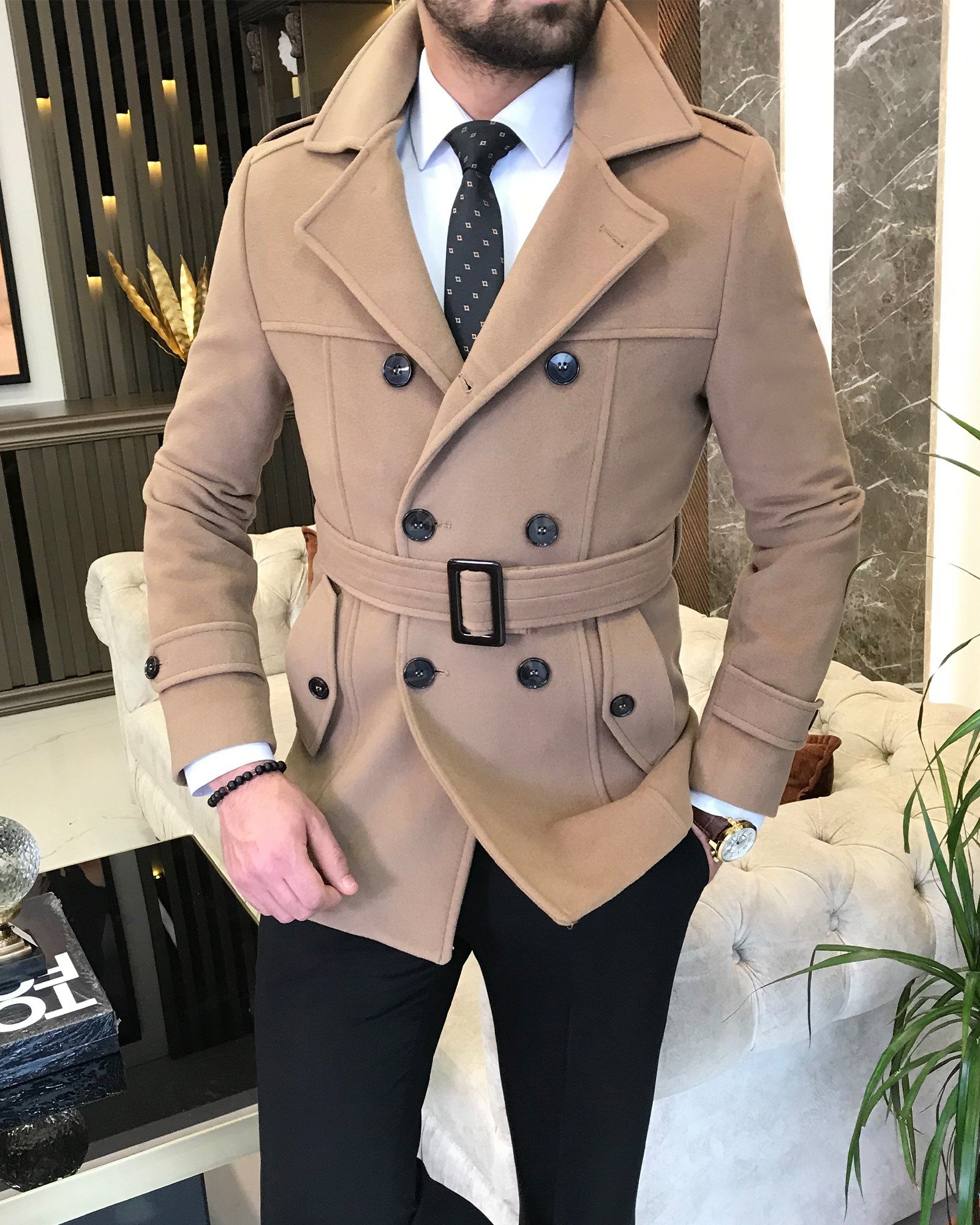 İtalyan stil erkek kısa kaşe trençkot mont kaban Camel T4394