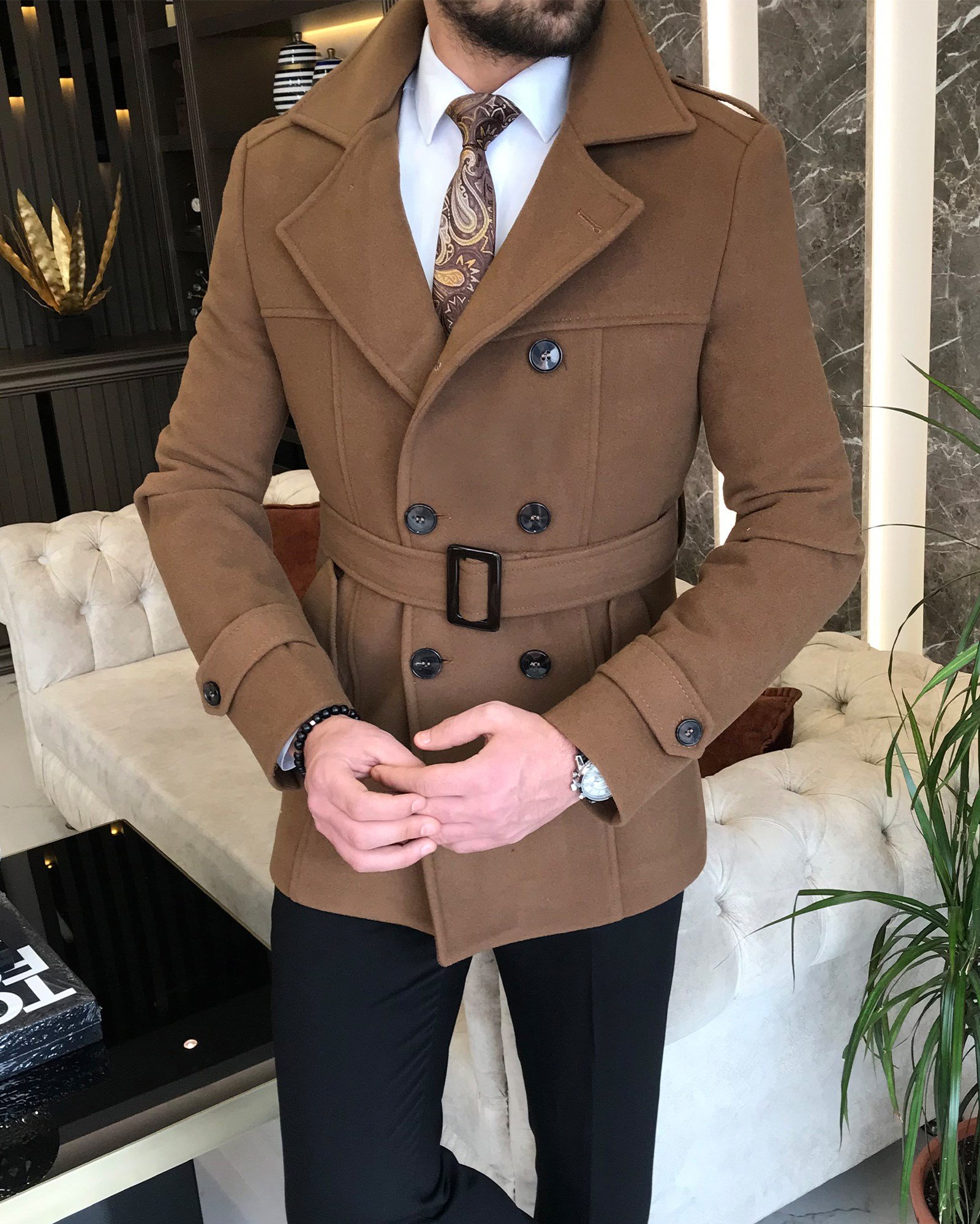 İtalyan stil erkek kısa kaşe trençkot mont kaban Kahverengi T6963
