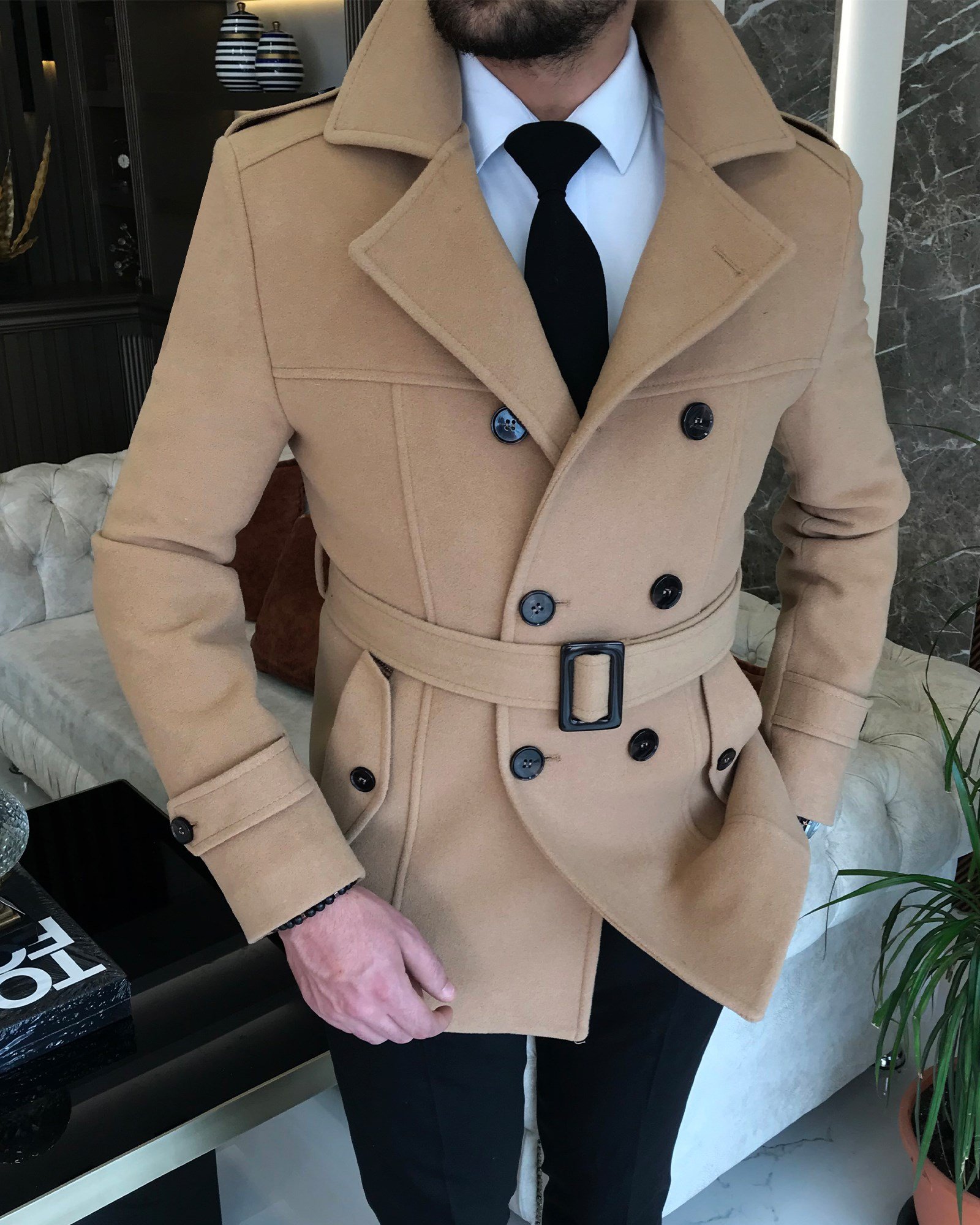 İtalyan stil erkek kısa kaşe trençkot mont kaban Camel T8862