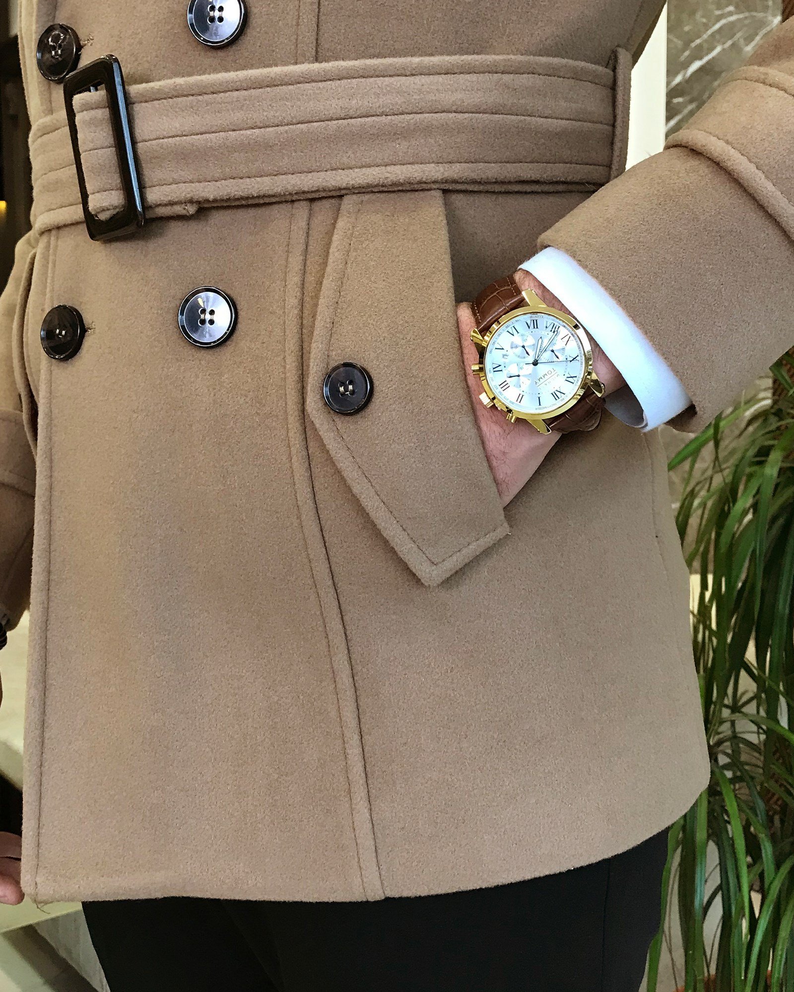 İtalyan stil erkek kısa kaşe trençkot mont kaban Camel T4394