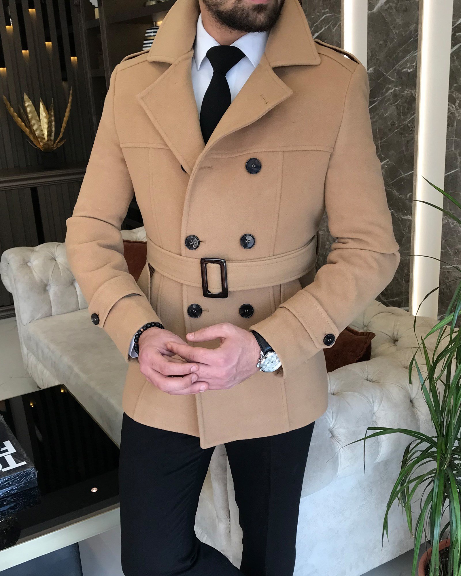 İtalyan stil erkek kısa kaşe trençkot mont kaban Camel T8862