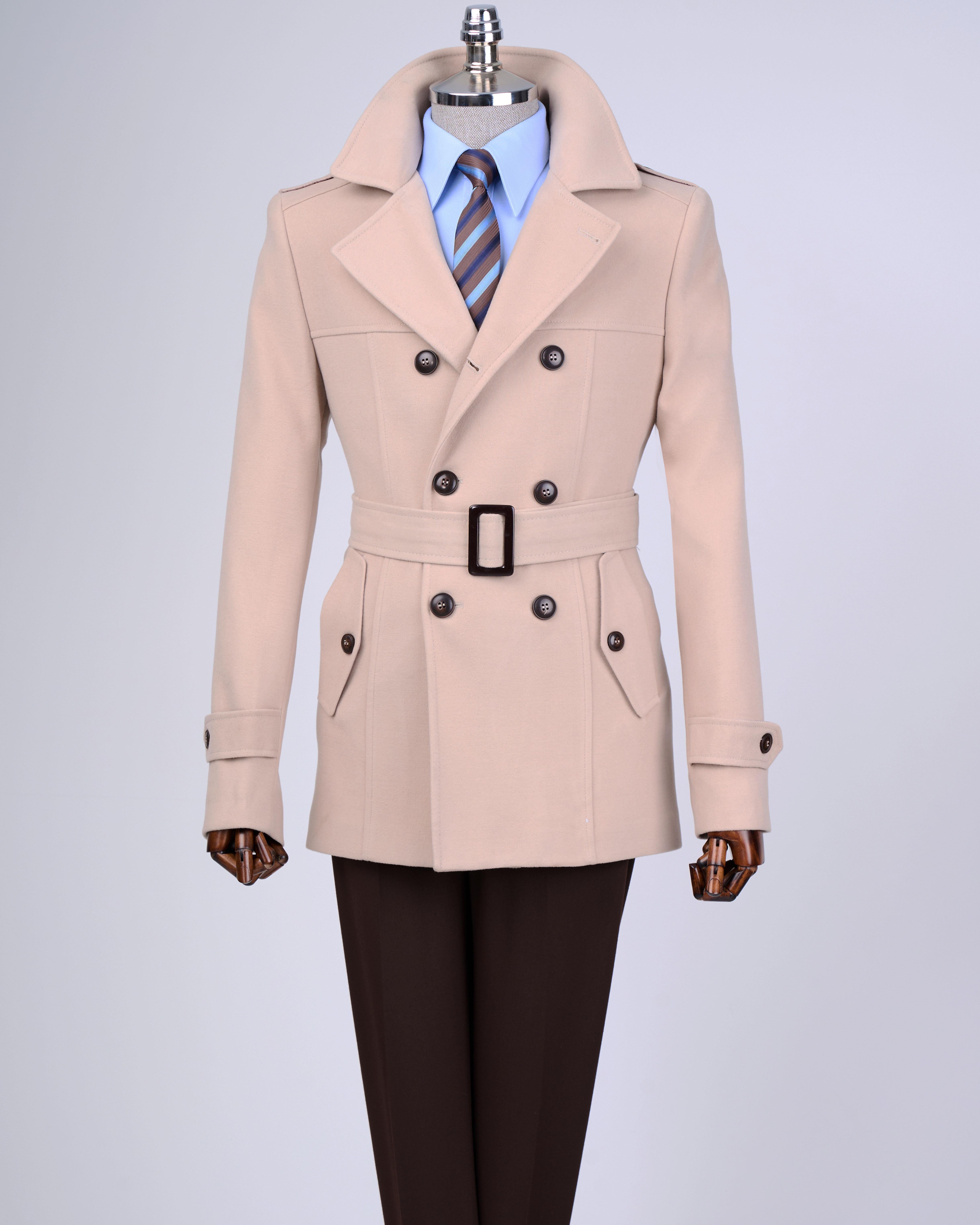 İtalyan stil erkek kısa kaşe trençkot mont kaban bej T13324