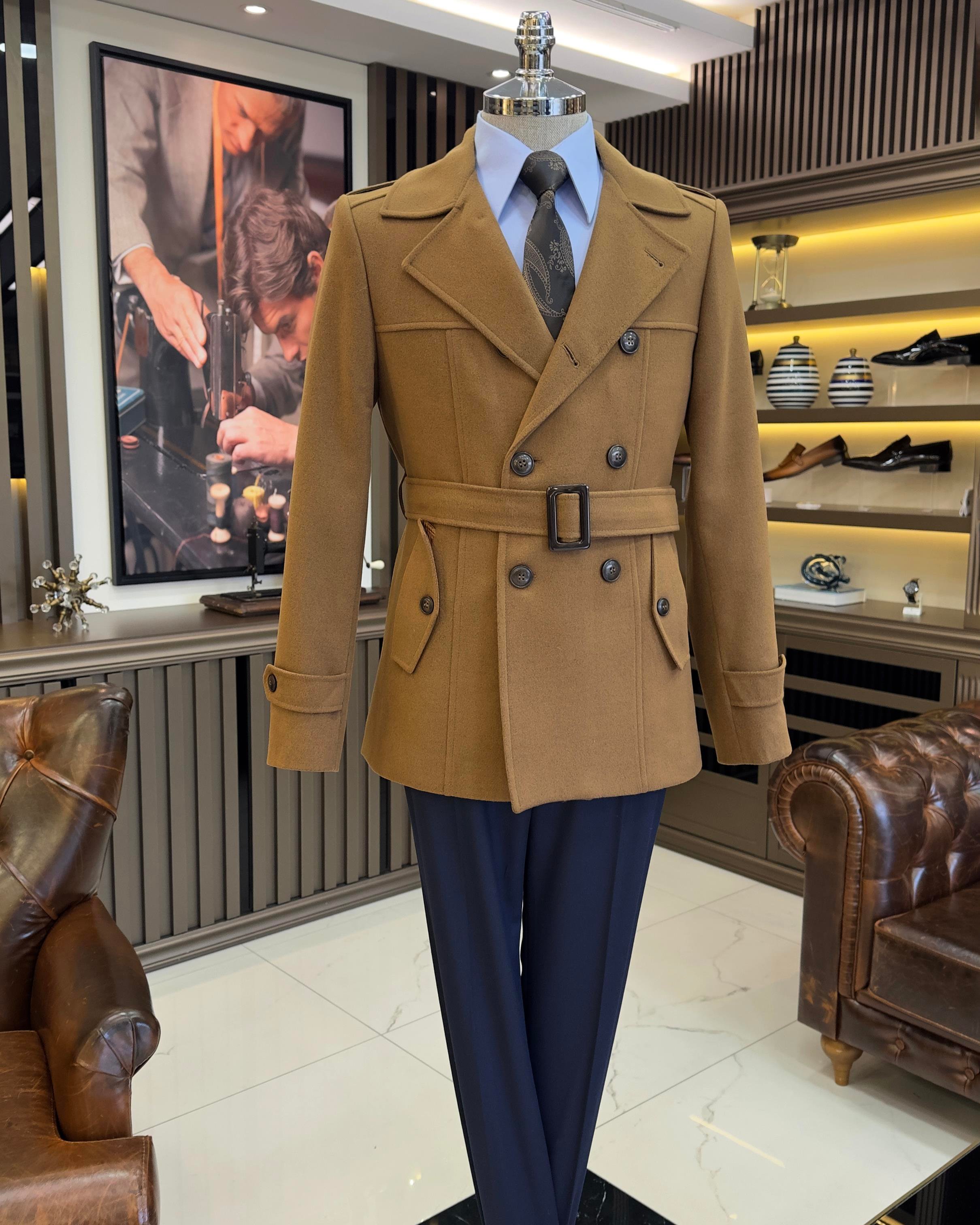 Italian style men's short cashmere trench coat jacket brown T10075