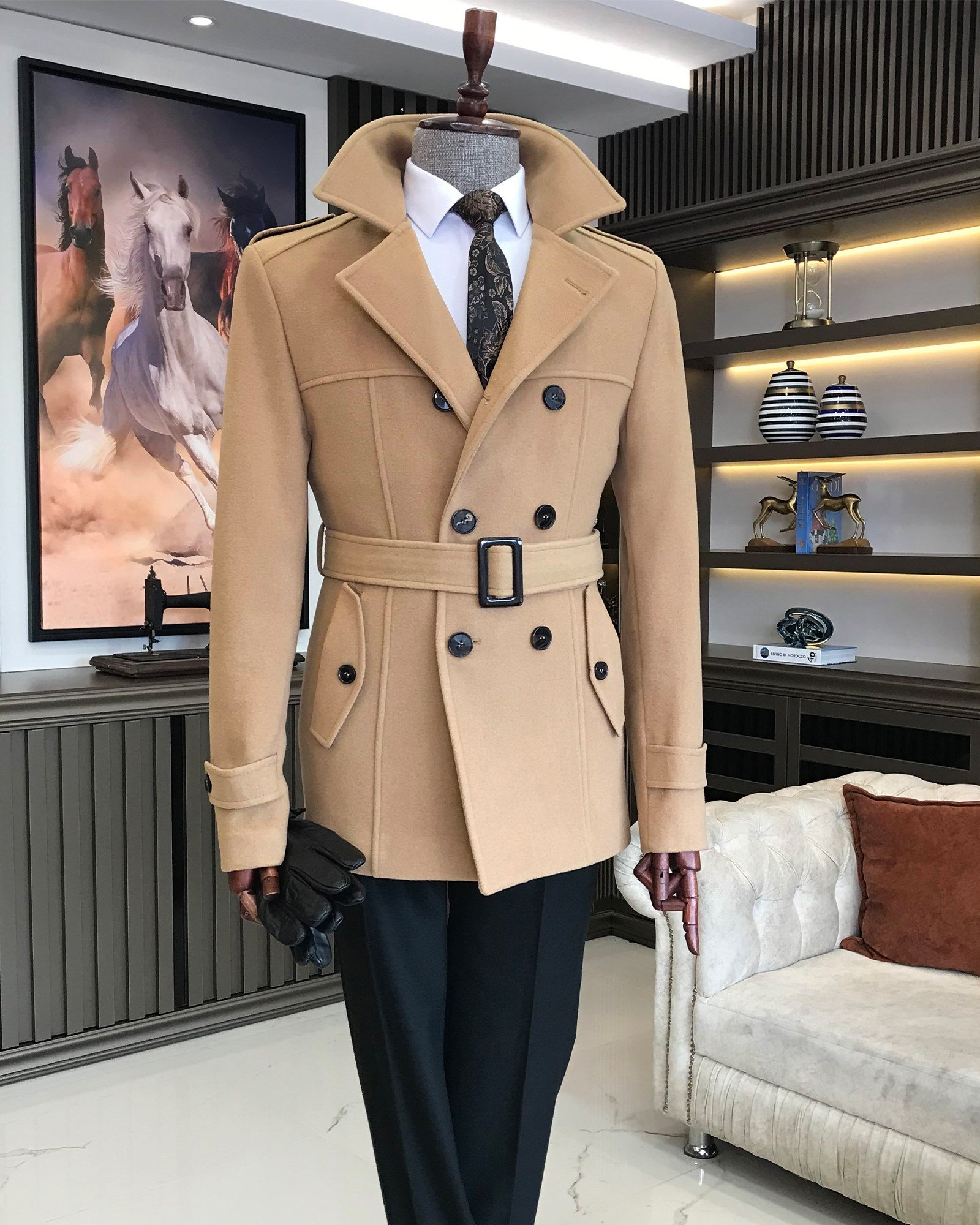 İtalyan stil erkek kısa kaşe trençkot mont kaban Camel T8862