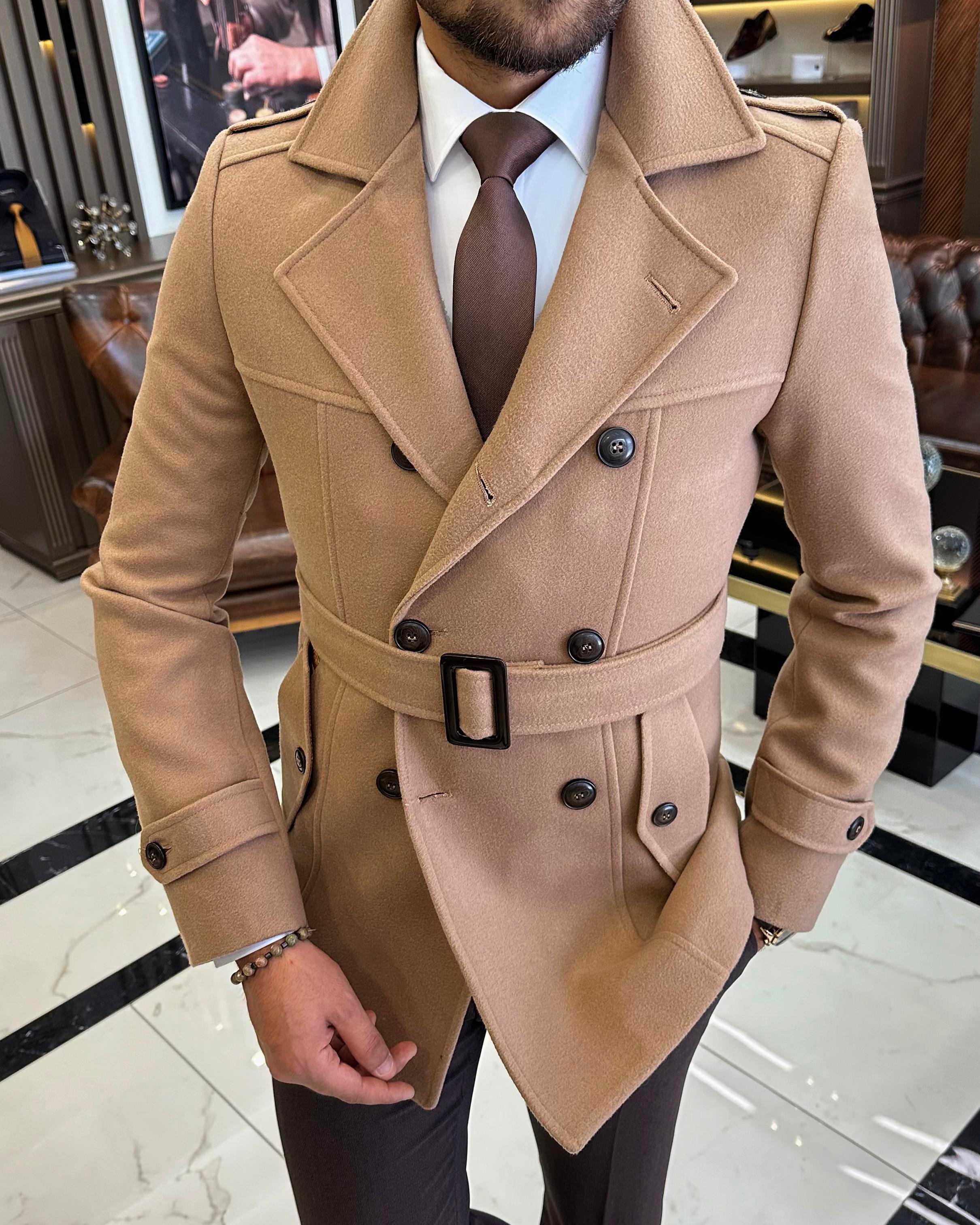 Italian style men's short cashmere trench coat coat camel T10076