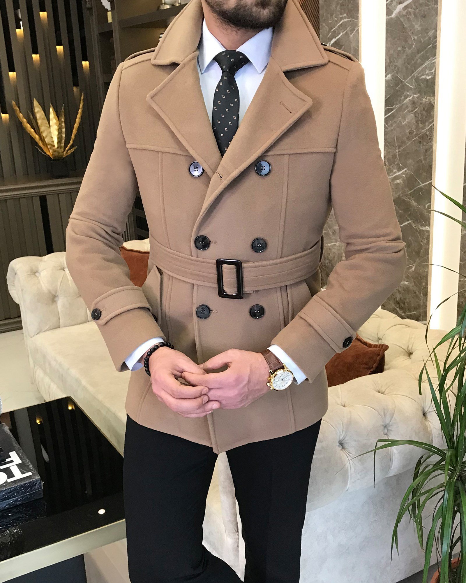 İtalyan stil erkek kısa kaşe trençkot mont kaban Camel T4394