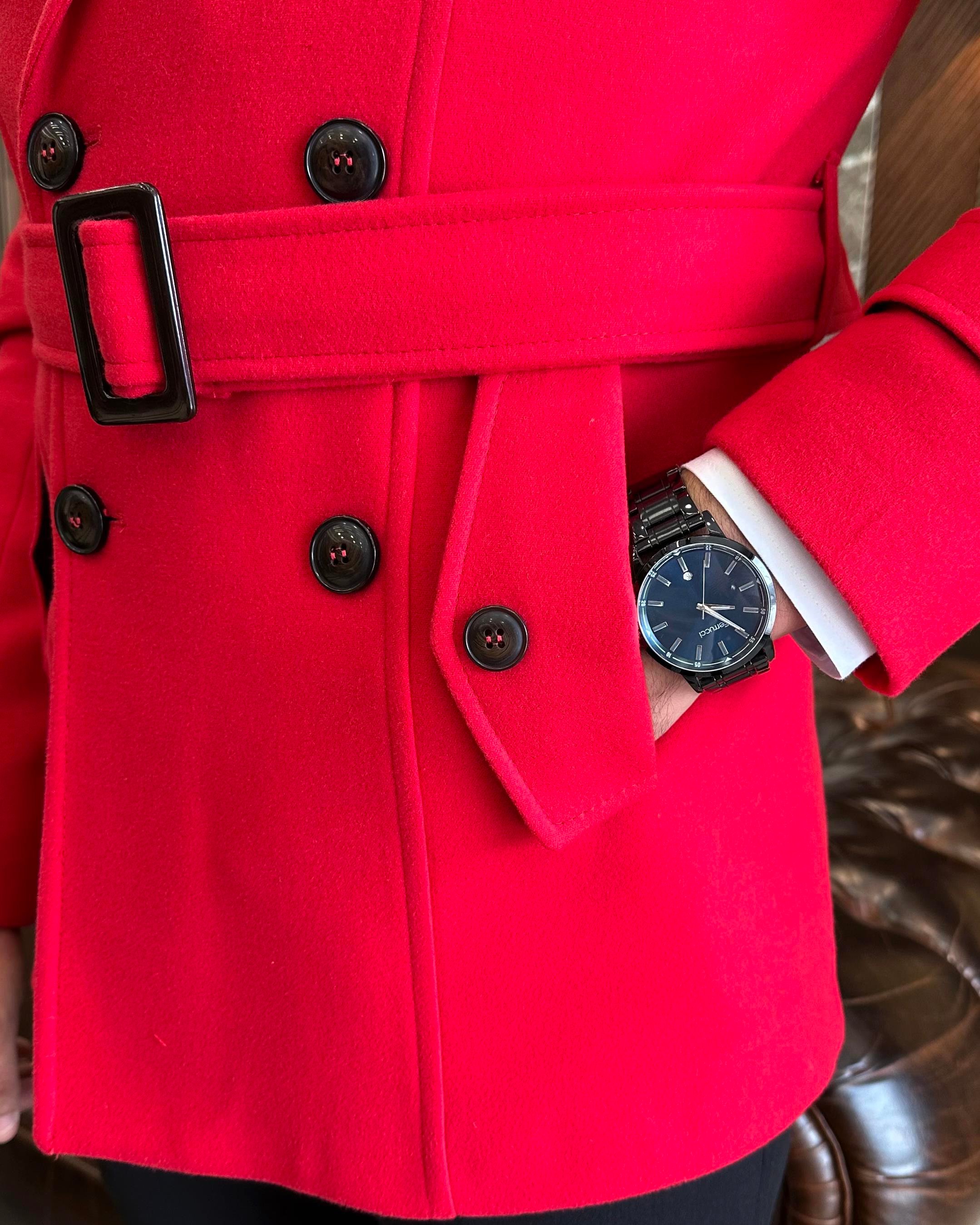 İtalyan stil erkek kısa kaşe trençkot mont kaban Kırmızı T4386