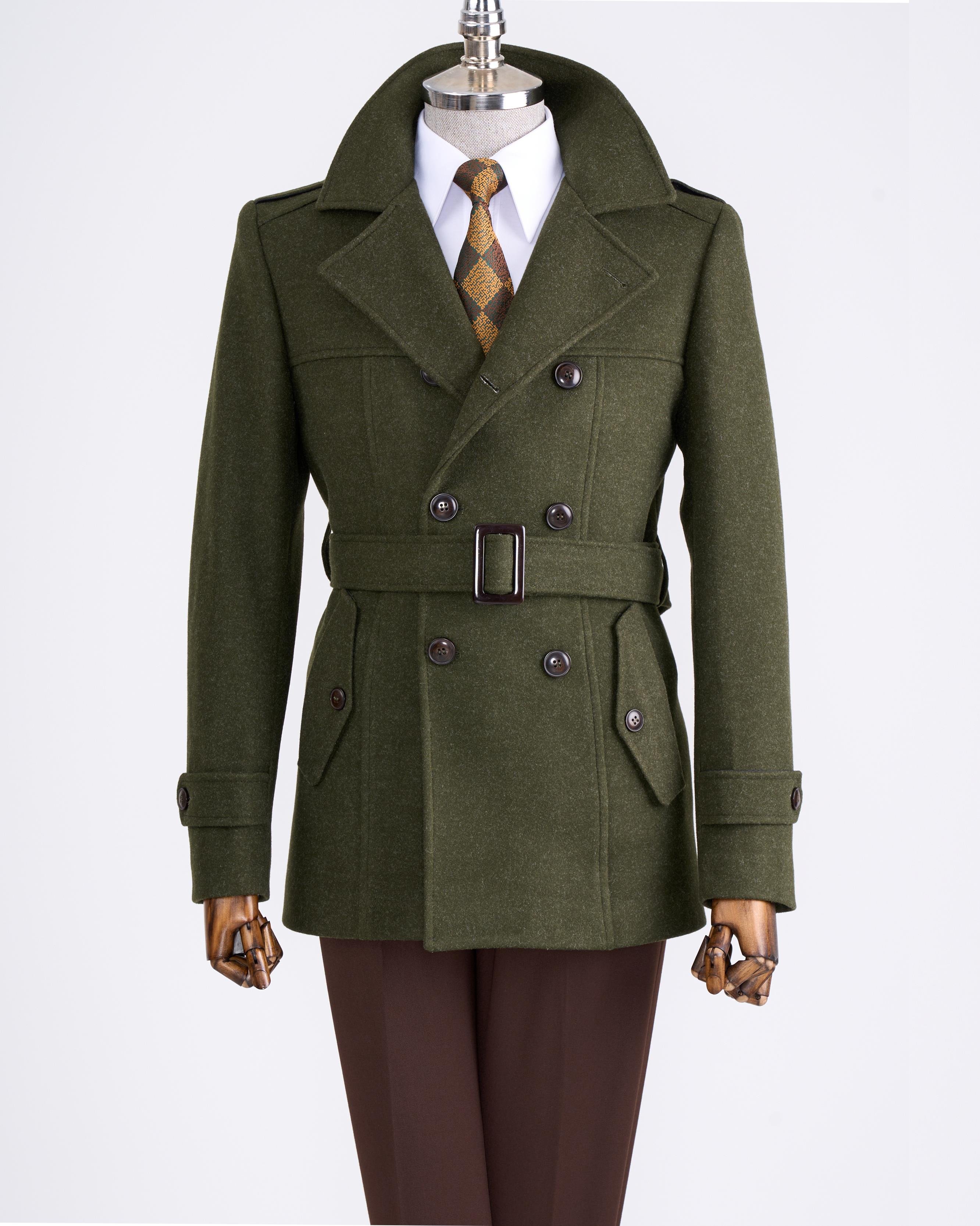 İtalyan stil erkek kısa kaşe trençkot mont kaban Haki T6970