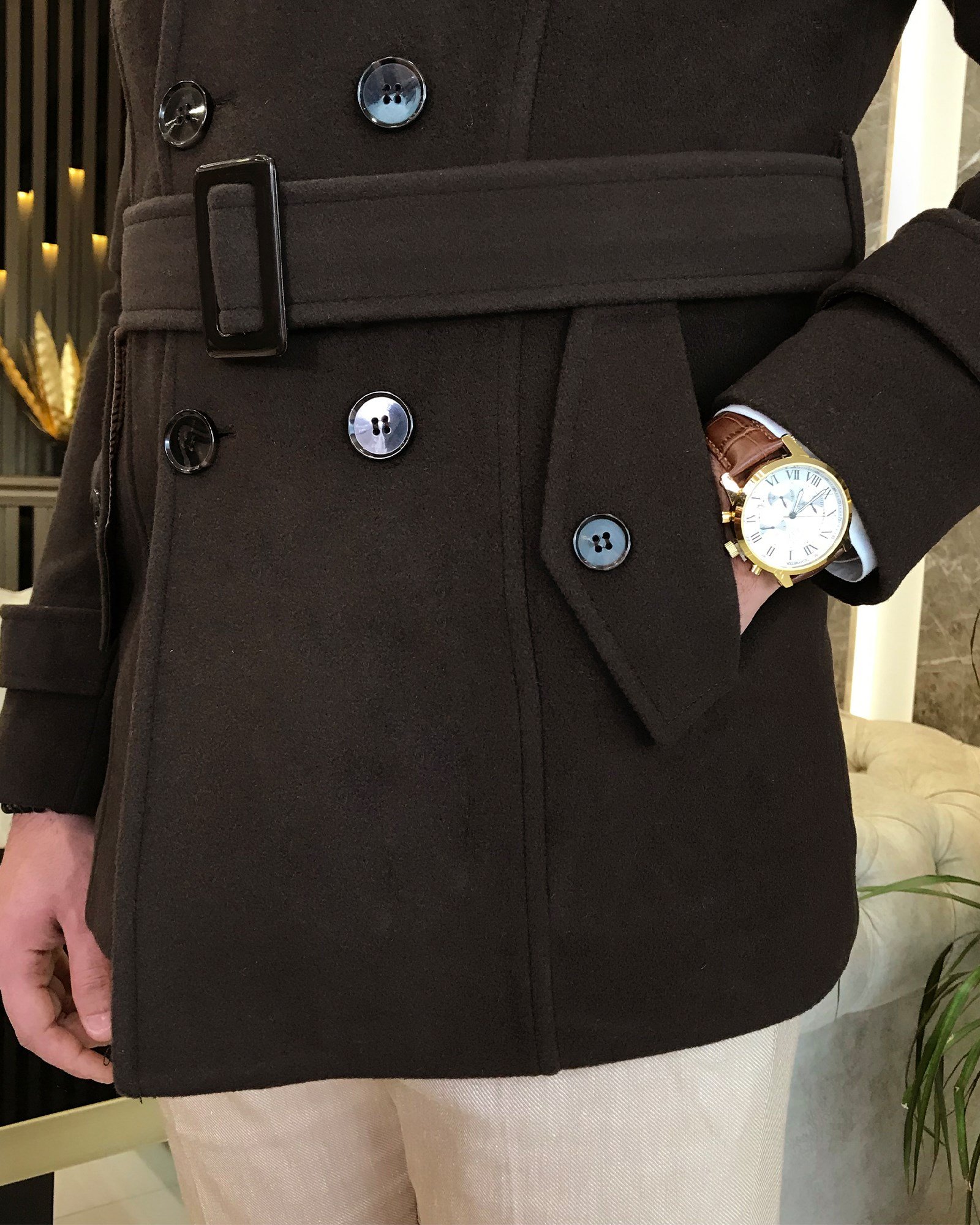 İtalyan stil erkek kısa kaşe trençkot mont kaban Kahverengi T8861