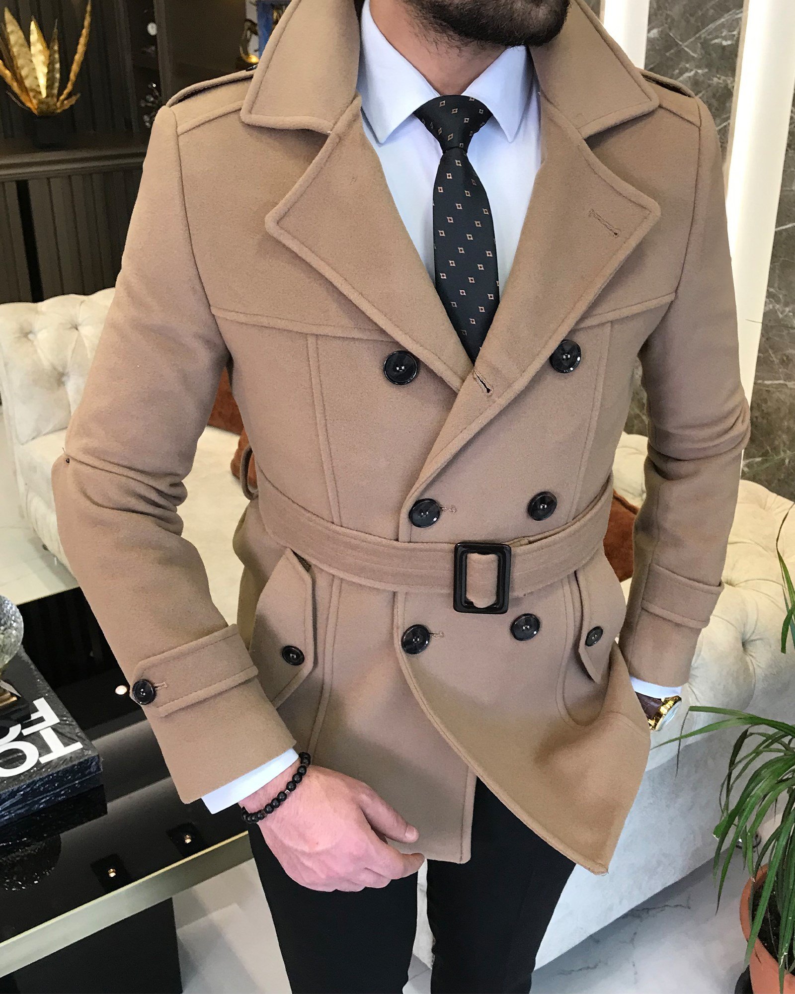 İtalyan stil erkek kısa kaşe trençkot mont kaban Camel T4394