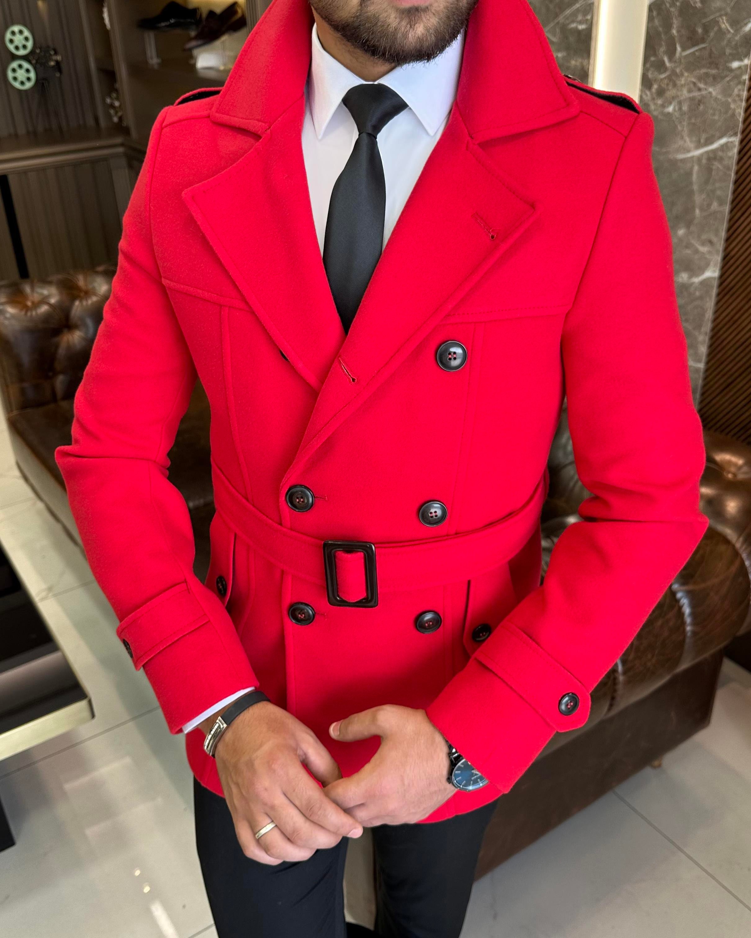 İtalyan stil erkek kısa kaşe trençkot mont kaban Kırmızı T4386