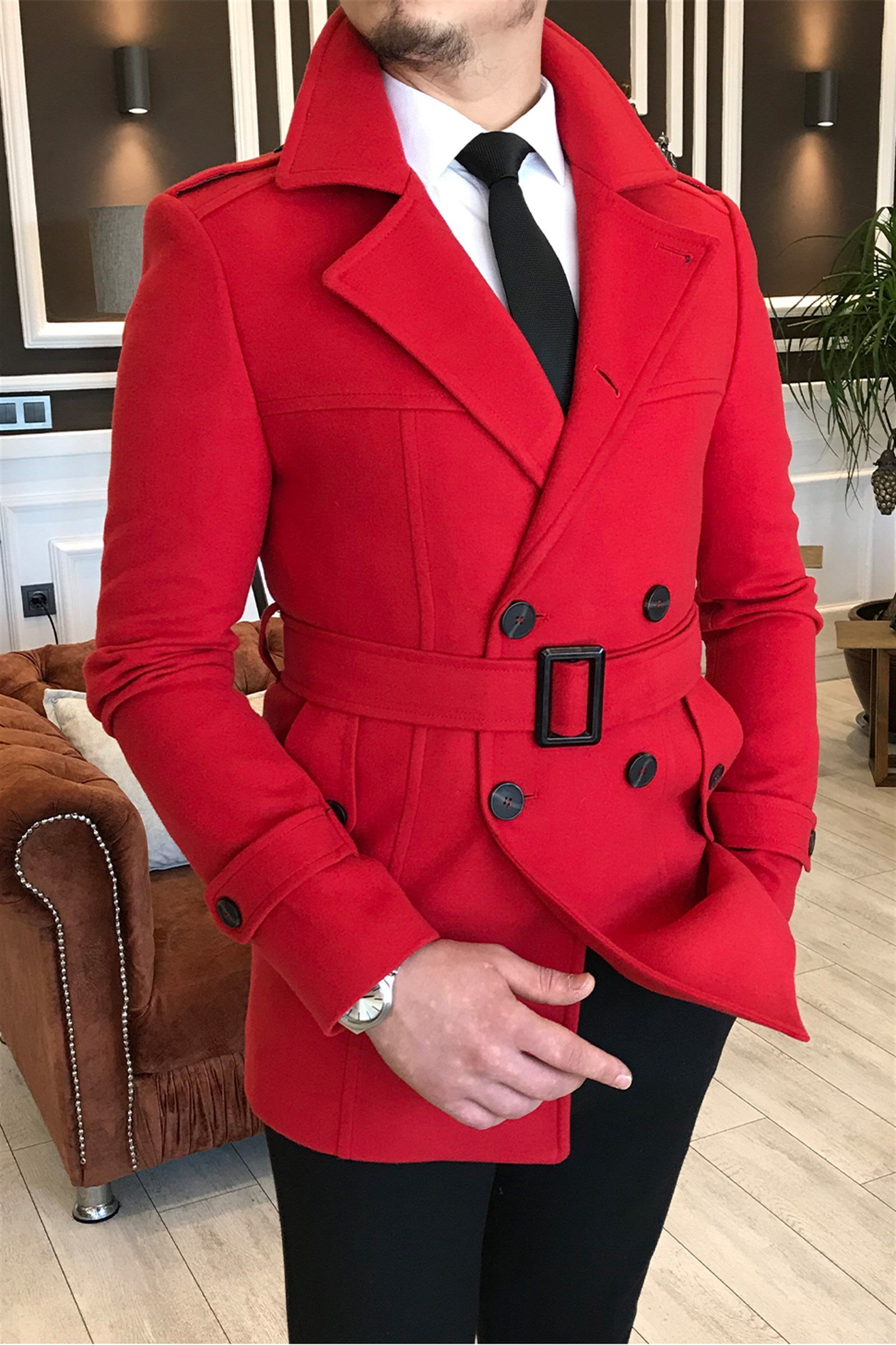 İtalyan stil erkek kısa kaşe trençkot mont kaban Kırmızı T4386