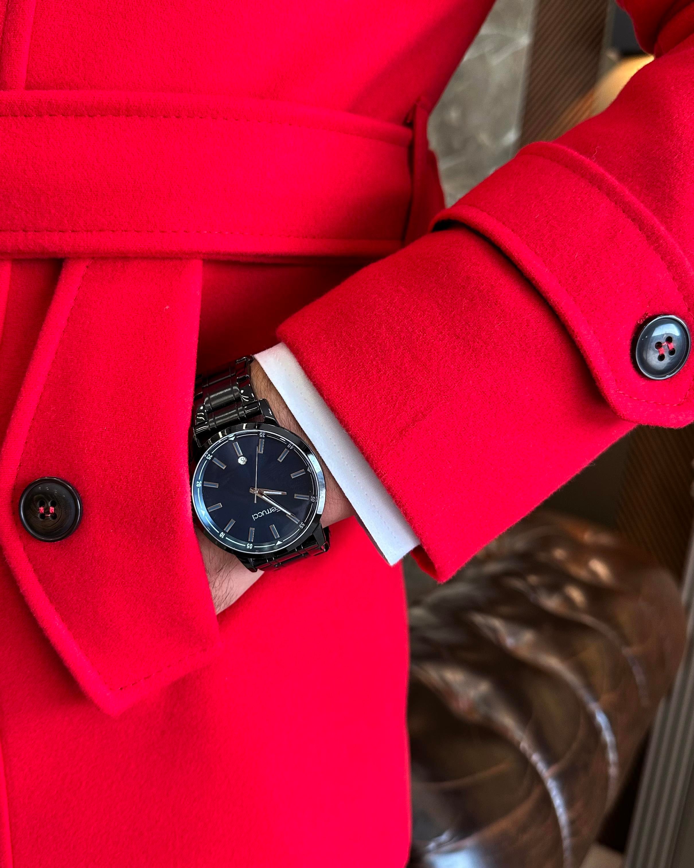 İtalyan stil erkek kısa kaşe trençkot mont kaban Kırmızı T4386