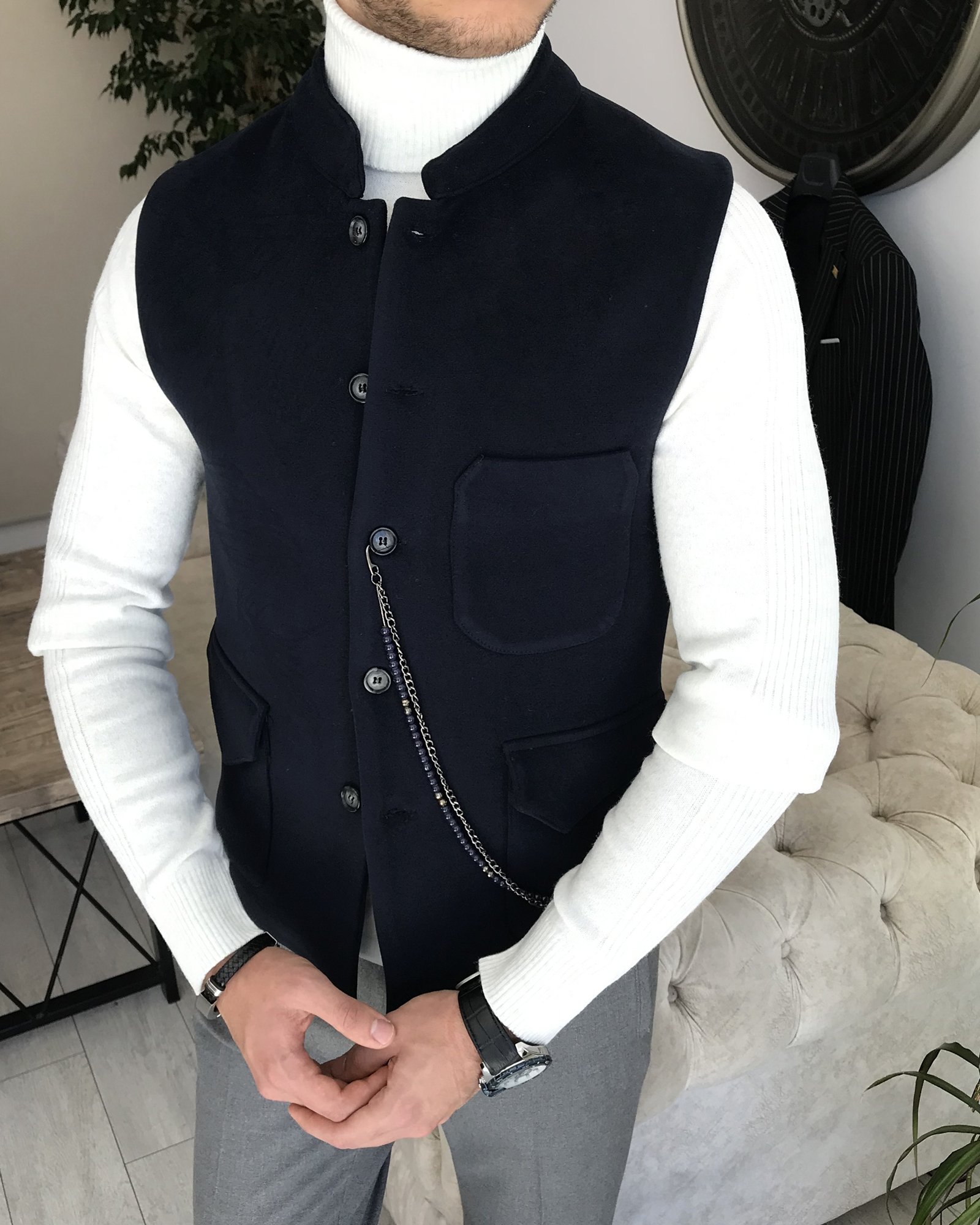 İtalyan stil erkek kışlık hakim yaka lacivert cepken yelek T6410
