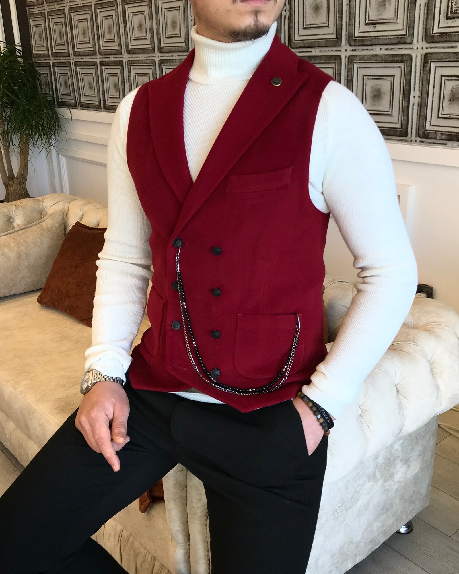 İtalyan stil erkek kışlık kruvaze kaşe cepken yelek Kırmızı T1905