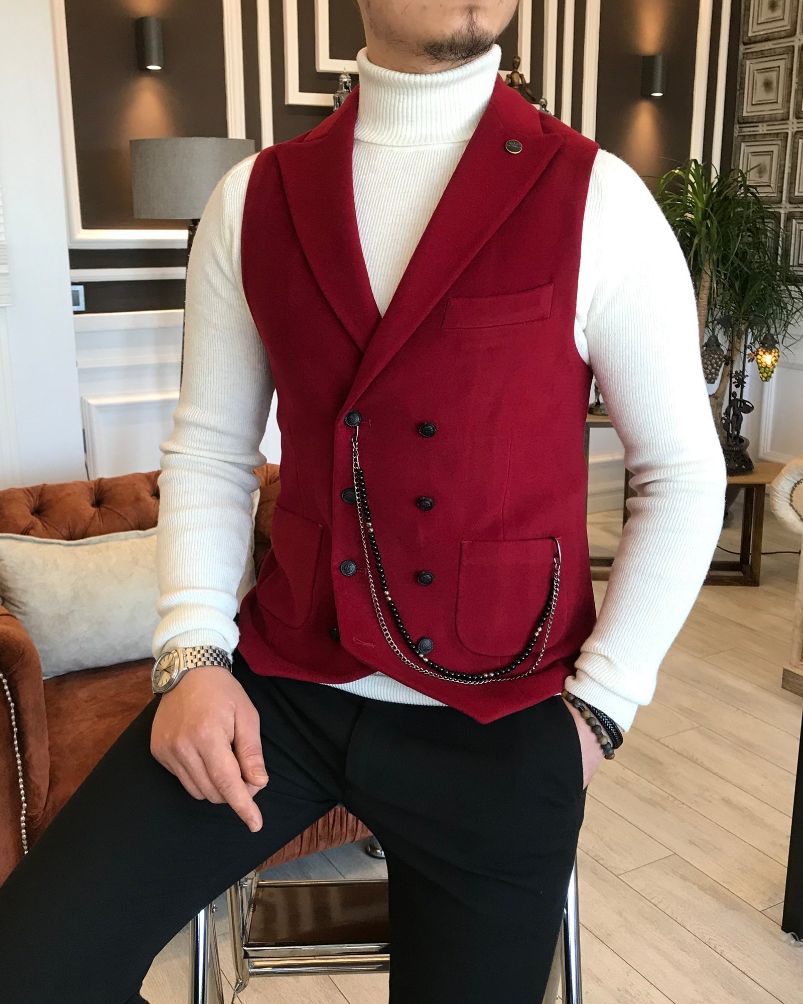 İtalyan stil erkek kışlık kruvaze kaşe cepken yelek Kırmızı T1905