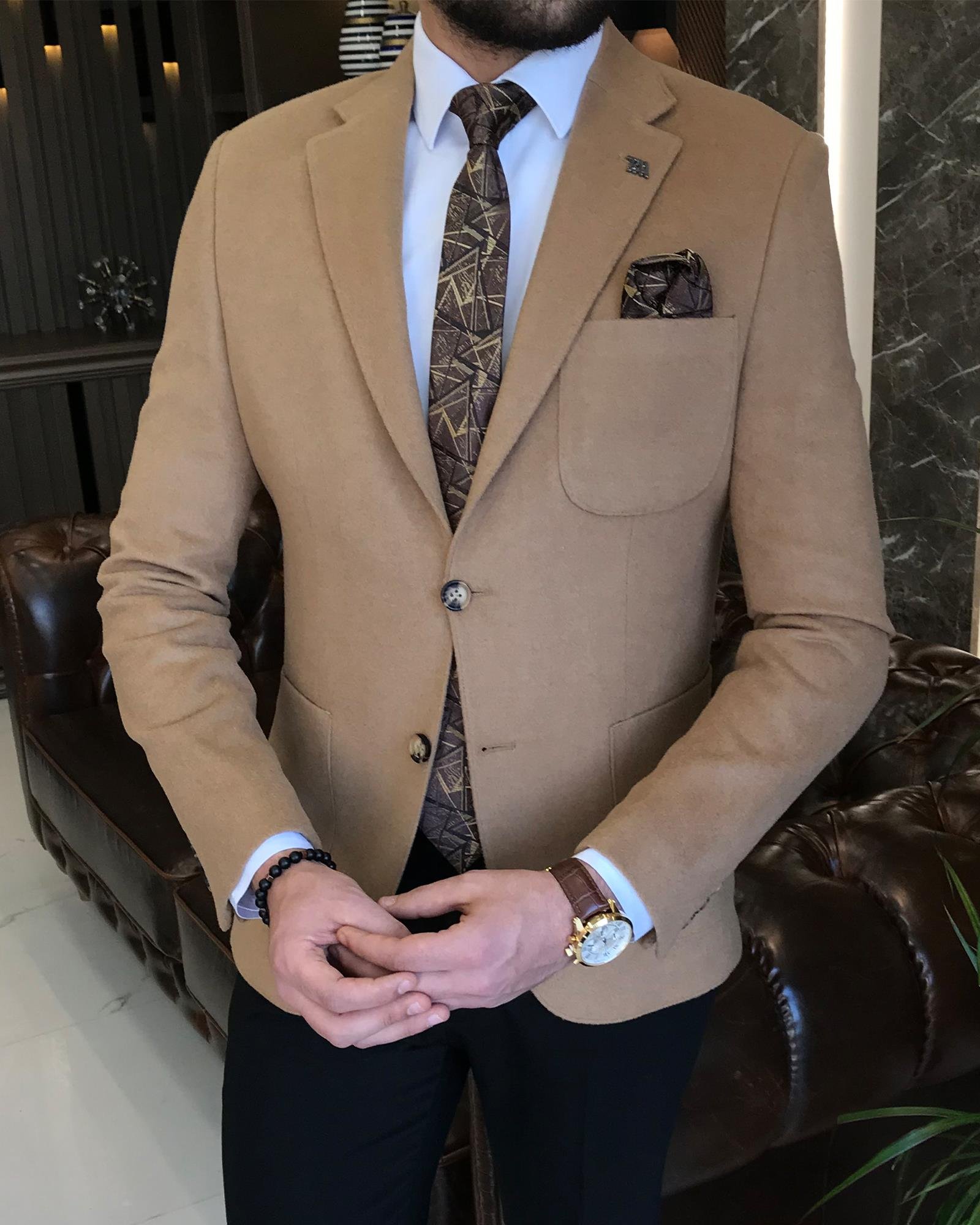 Italian Style Mono Collar Wool Jacket Brown T8061