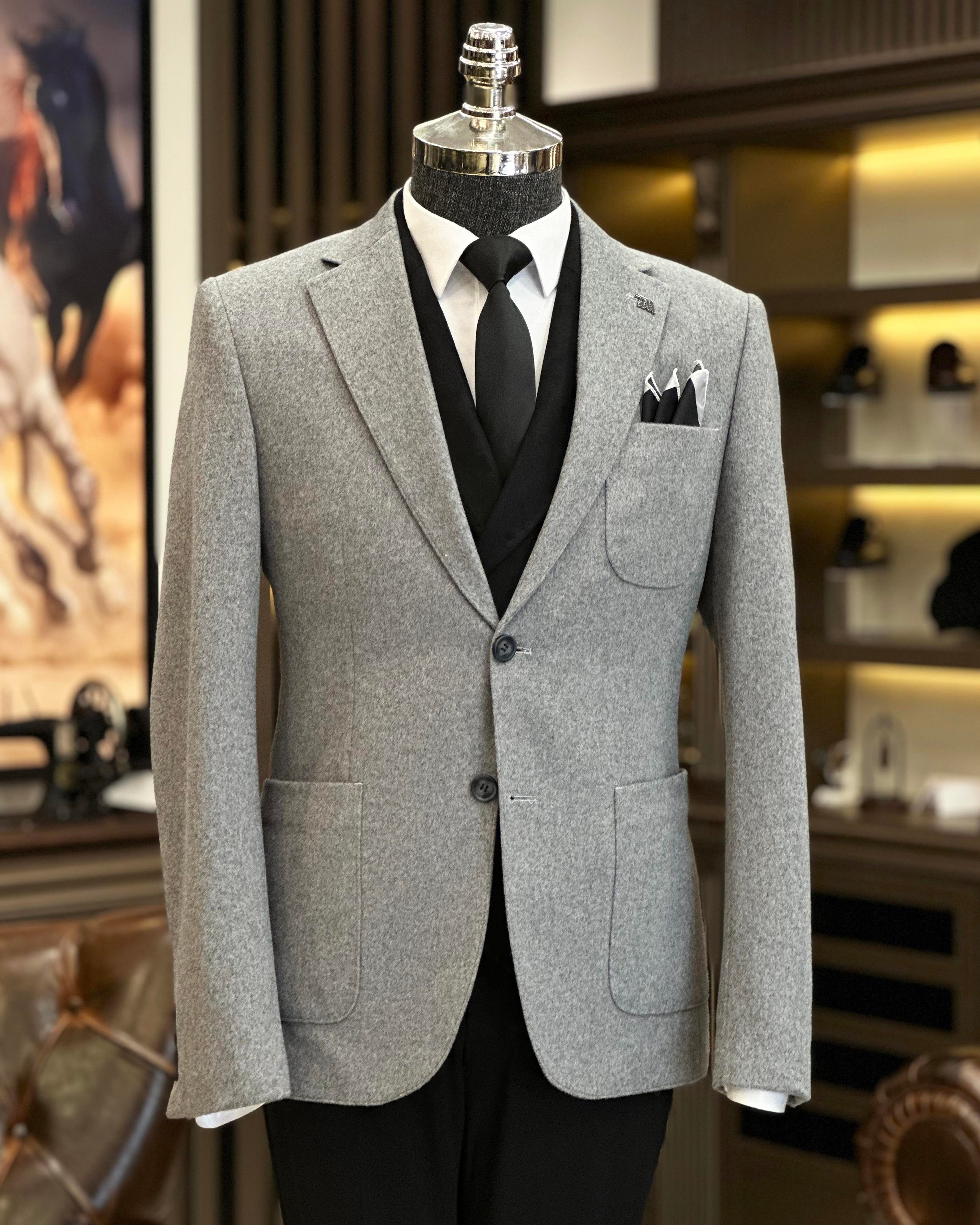 Italian Style Men's Mono Collar Bag Pocket Wool Jacket Gray T8050