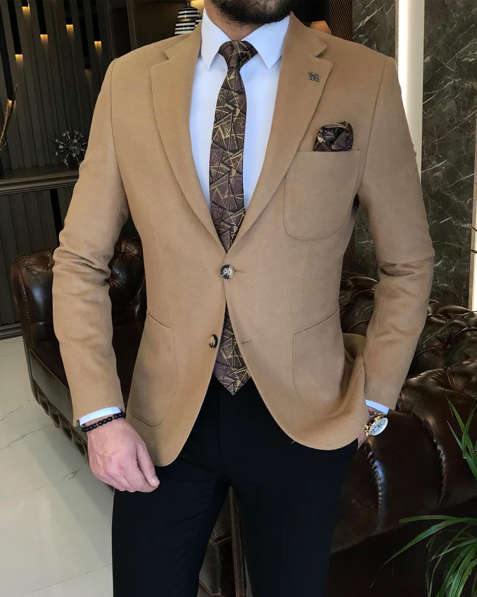 Italian Style Mono Collar Wool Jacket Brown T8061
