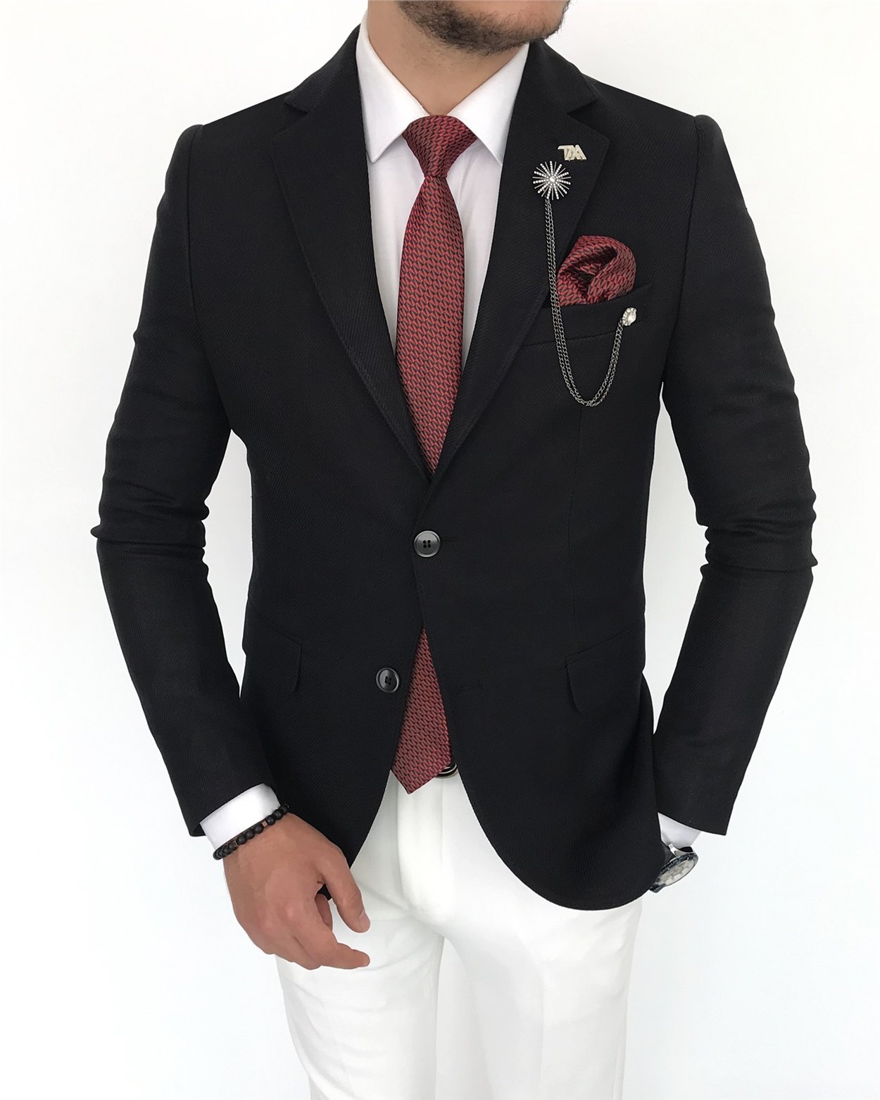 İtalyan stil erkek slim fit blazer pamuk ceket Siyah T7380